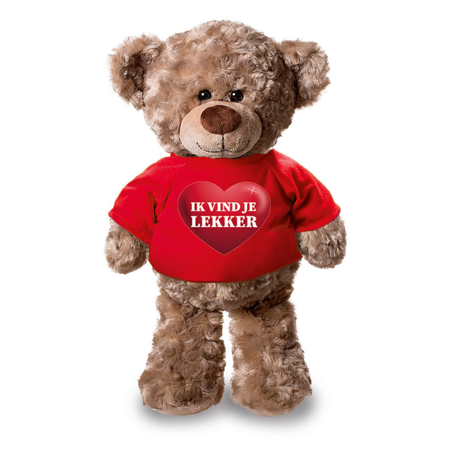Knuffel teddybeer met ik vind je lekker hartje shirt rood 24 cm -