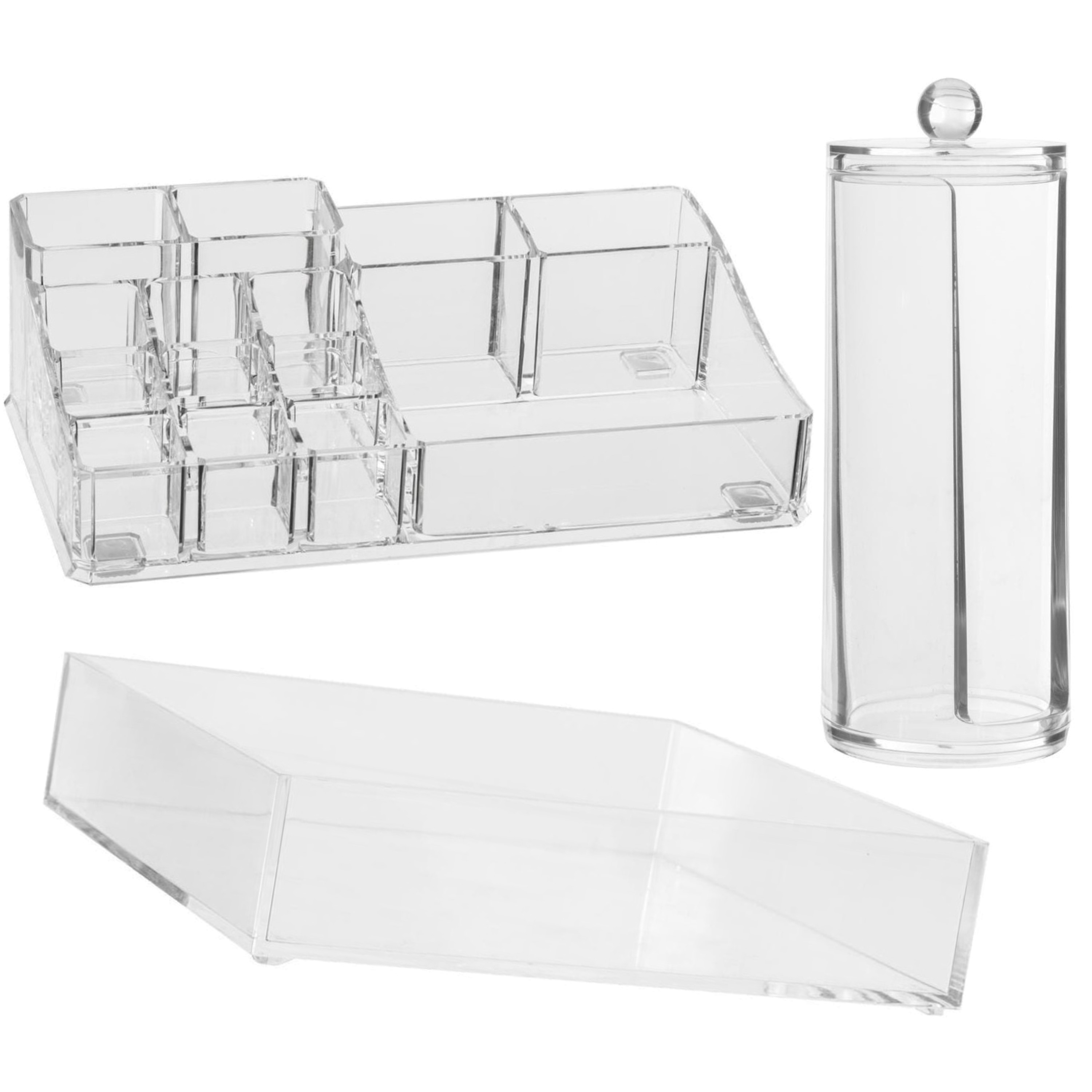 Make-up organizer set vakjes 22,5 x 7 en 20 x 5 cm en een wattenschijfjes dispenser -