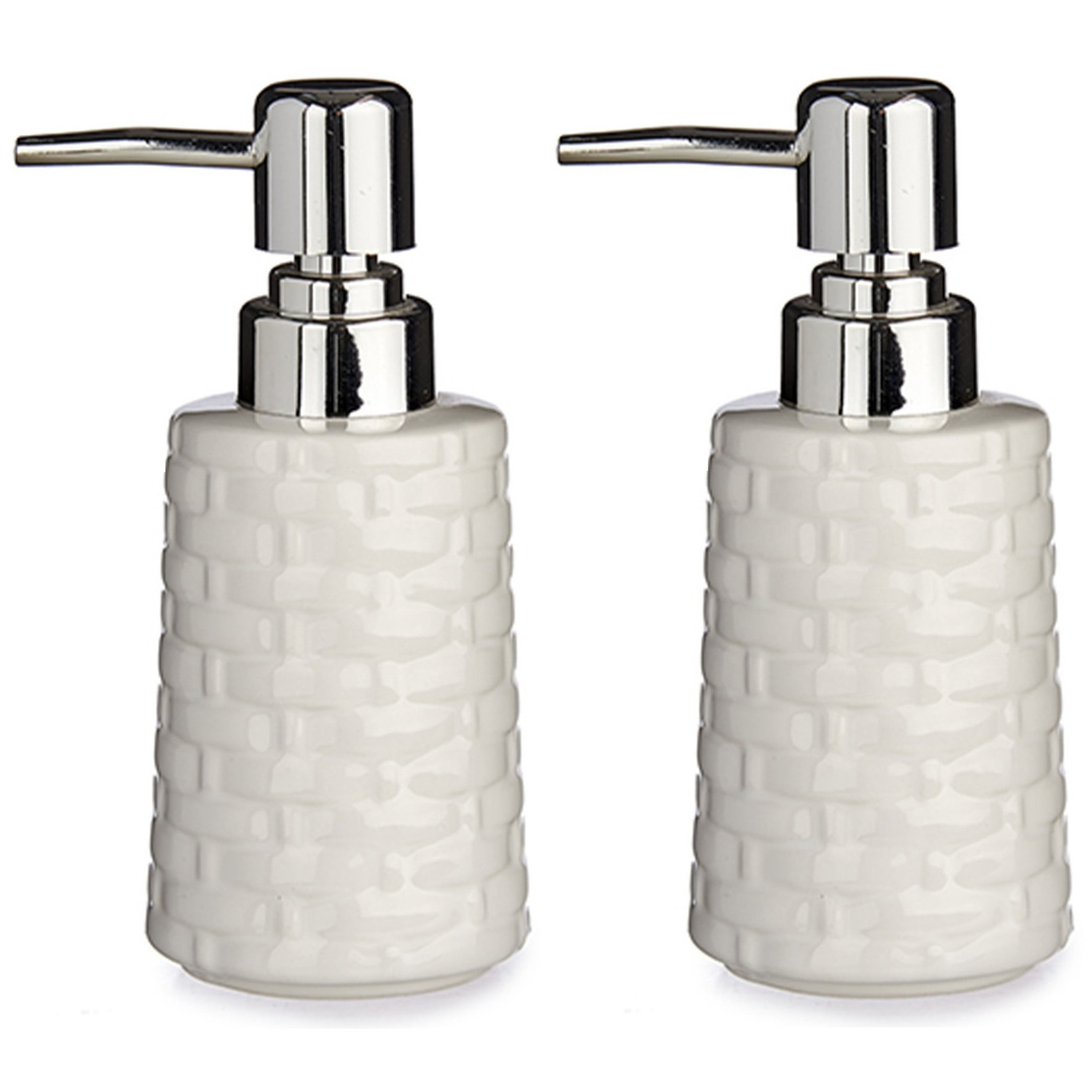 Set van 2x stuks zeeppompje/dispenser keramiek wit/zilver 150 ml en 8,5 x 6,5 x 14,5 cm -