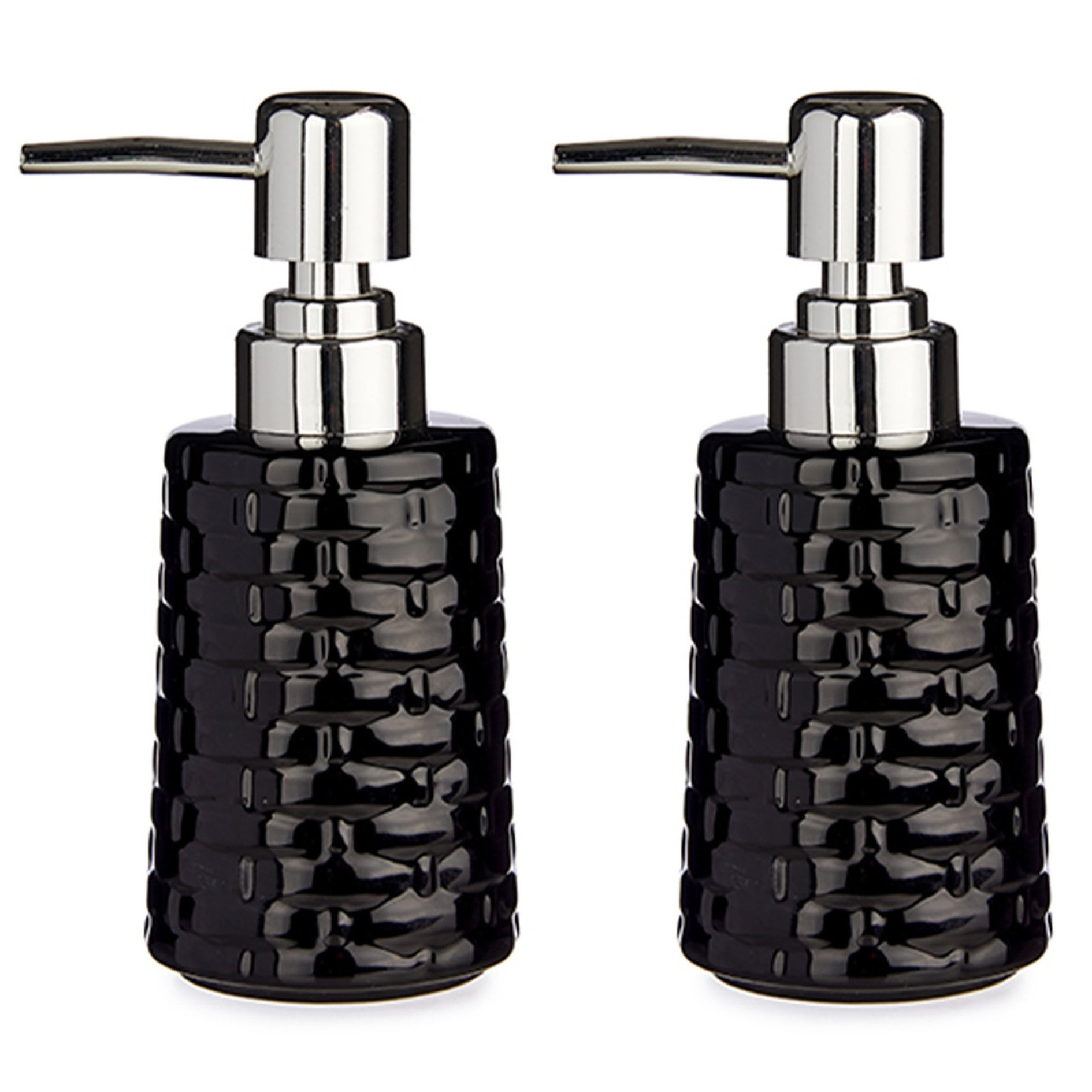 Set van 2x stuks zeeppompje/dispenser keramiek zwart/zilver 150 ml en 8,5 x 6,5 x 14,5 cm -