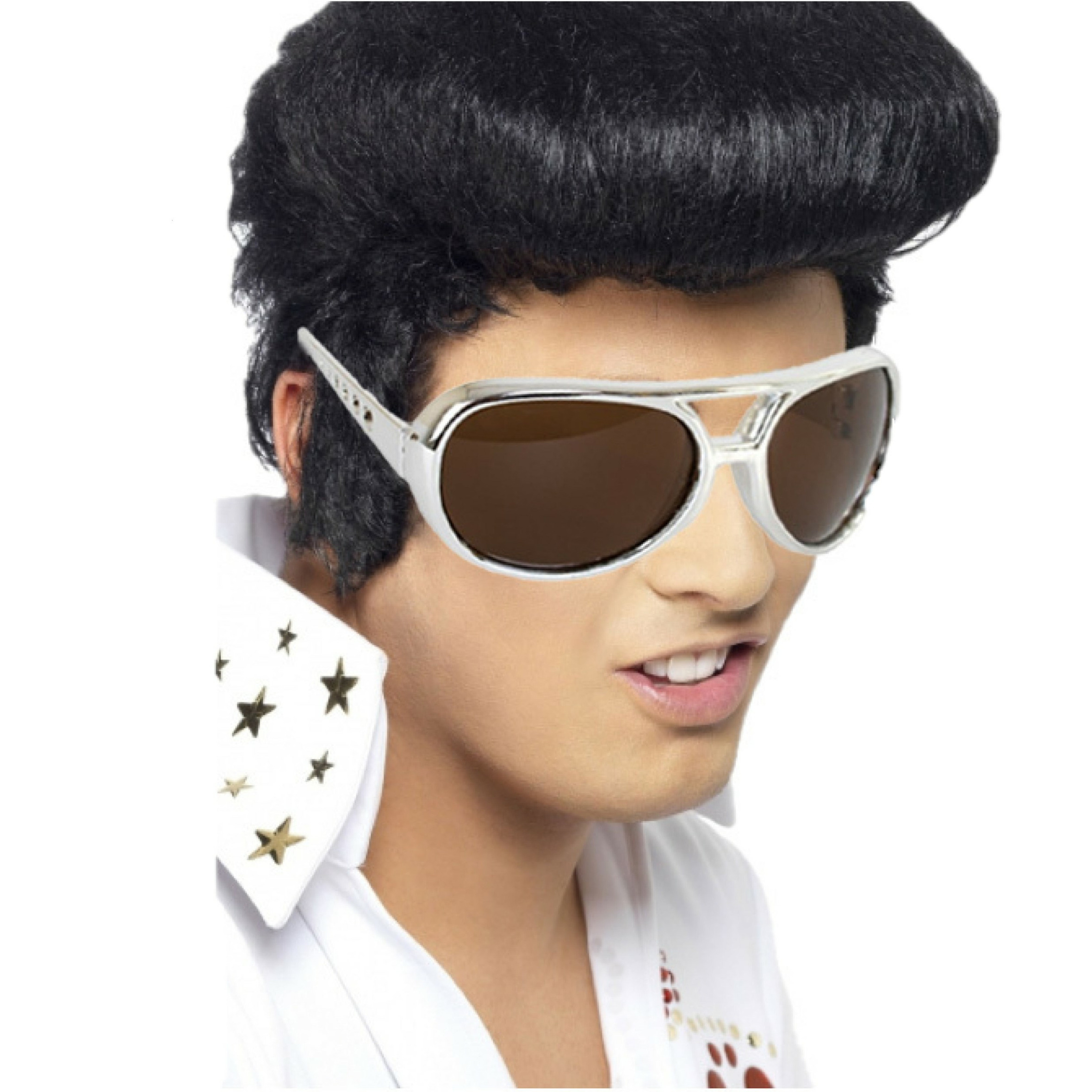 Elvis verkleed set pruik zwart en bril voor heren -