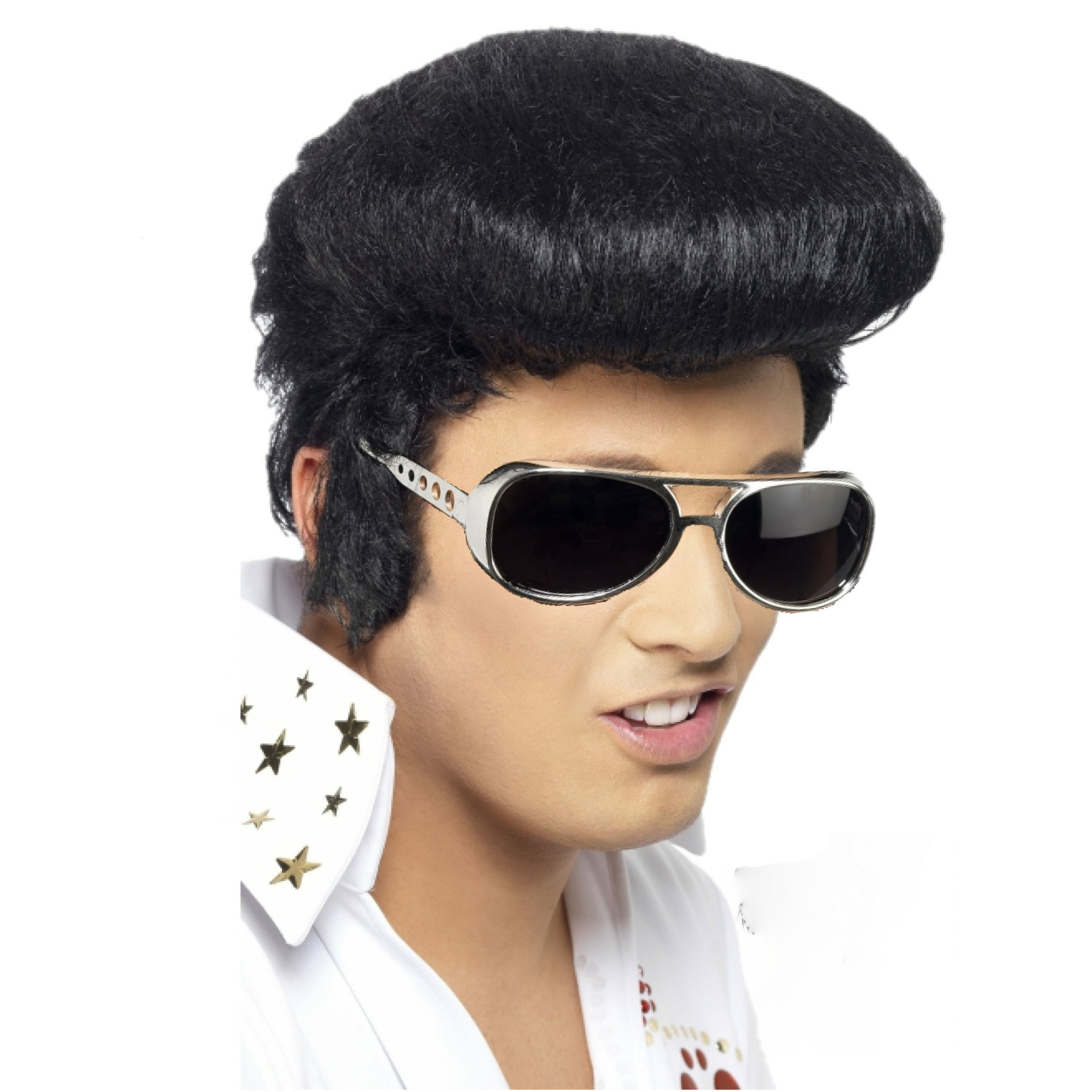 Elvis verkleed set pruik zwart en bril voor heren -