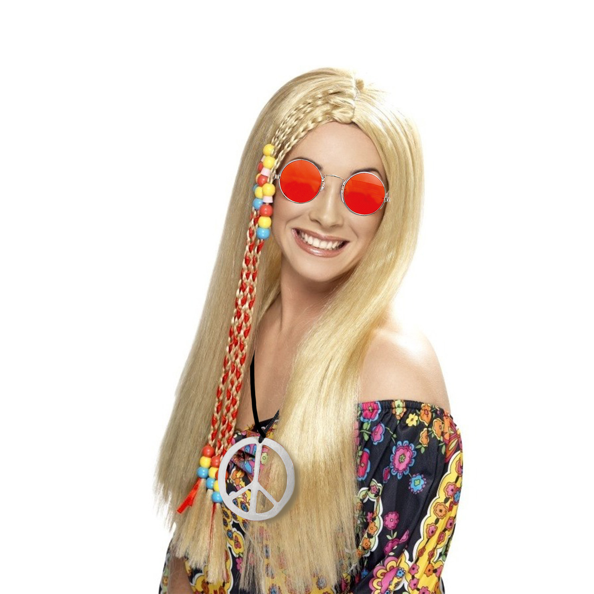 Dames Flower Power Hippie Sixties verkleed set pruik ketting en bril -