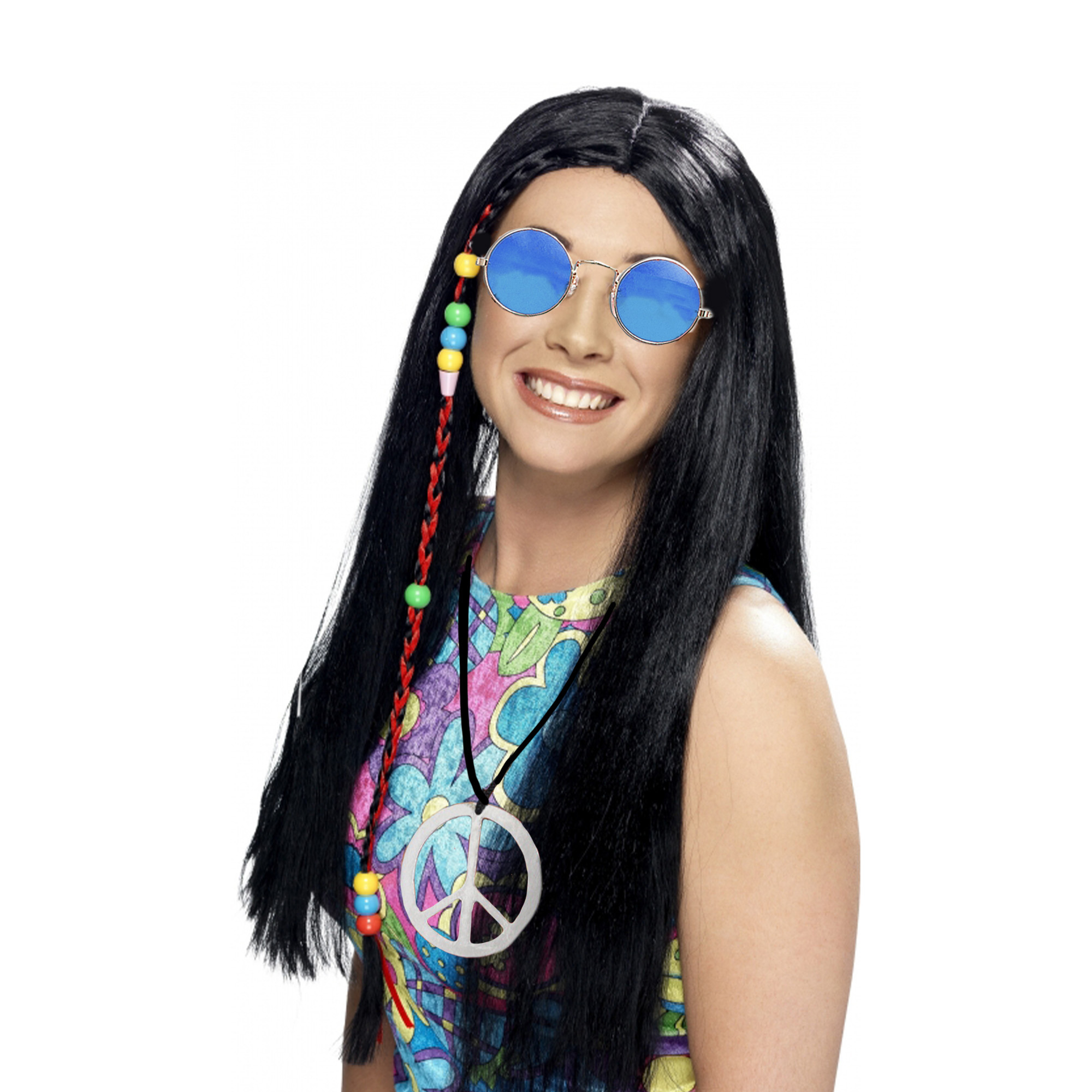 Dames Flower Power Hippie Sixties verkleed set pruik en bril en peace ketting -