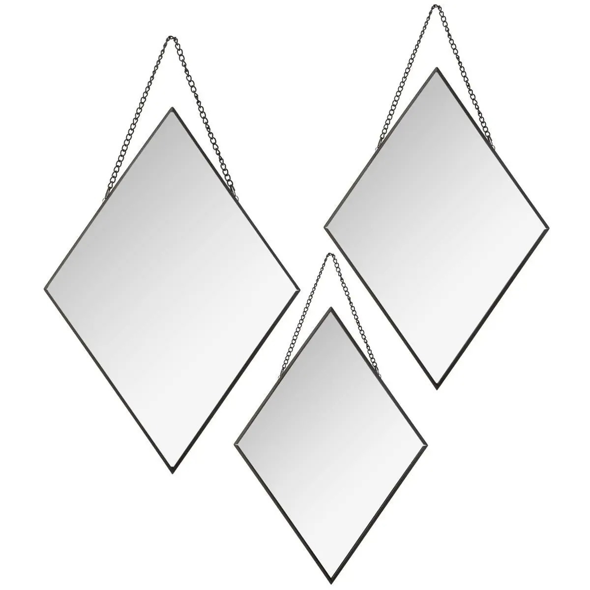 Set van 3x spiegels/wandspiegels ruit metaal zwart met ketting -