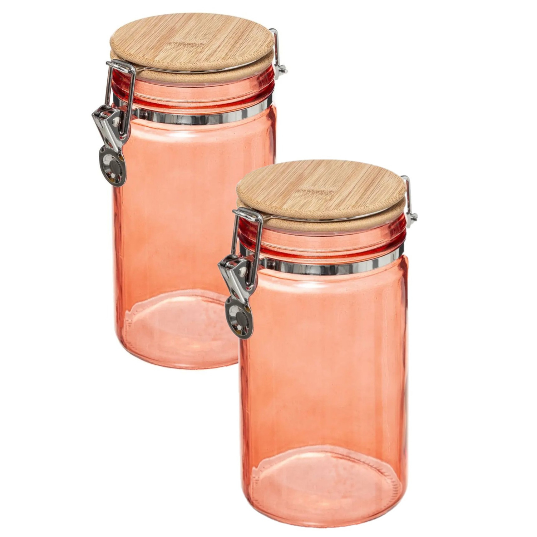 2x stuks voorraadbussen/voorraadpotten 1L glas koraal oranje met bamboe deksel en beugelsluiting -