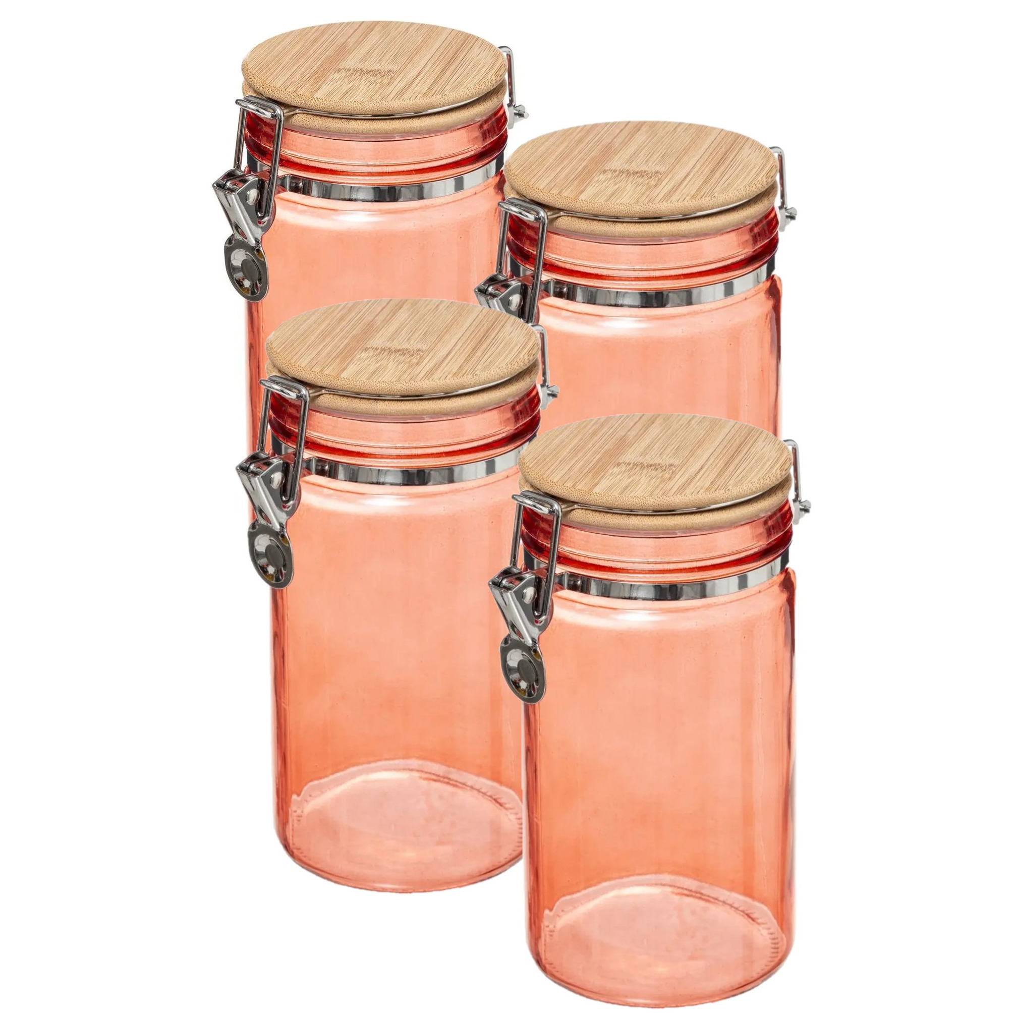 4x stuks voorraadbussen/voorraadpotten 1L glas koraal oranje met bamboe deksel en beugelsluiting -