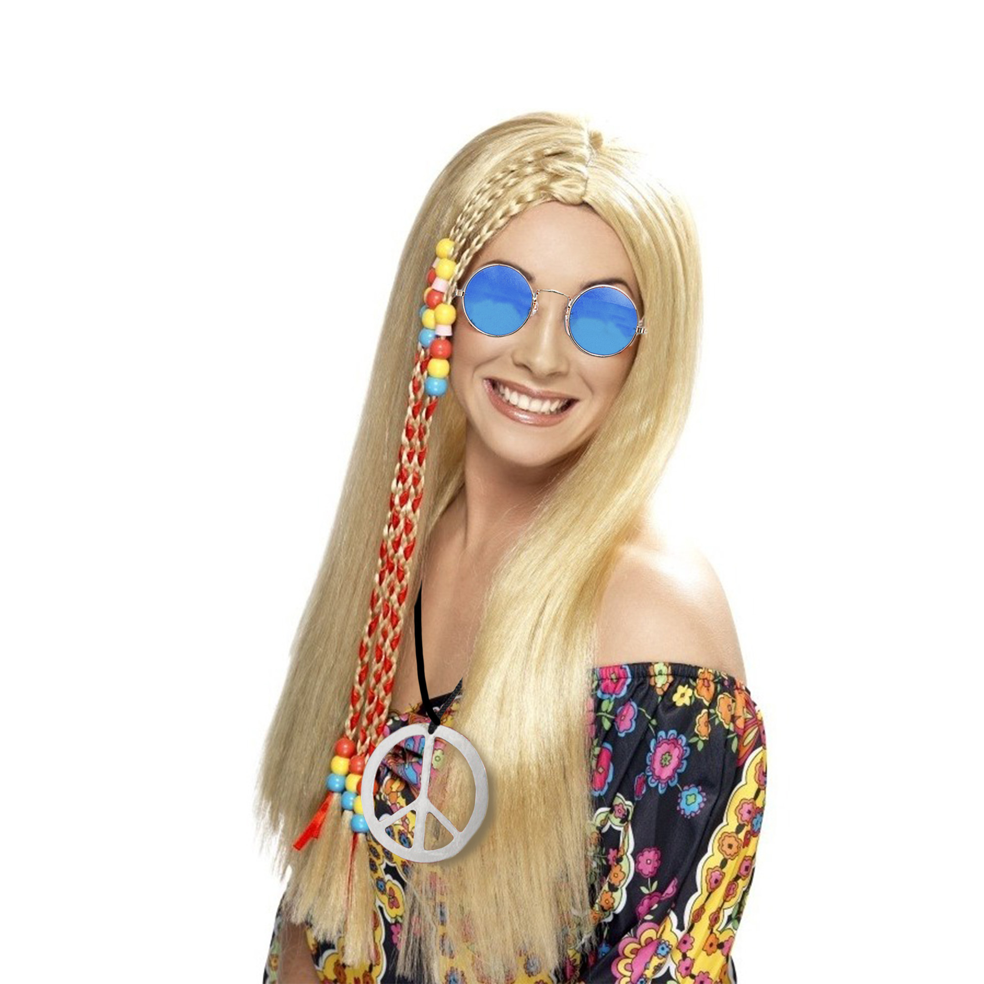 Dames Flower Power Hippie Sixties verkleed set pruik en bril en peace ketting -
