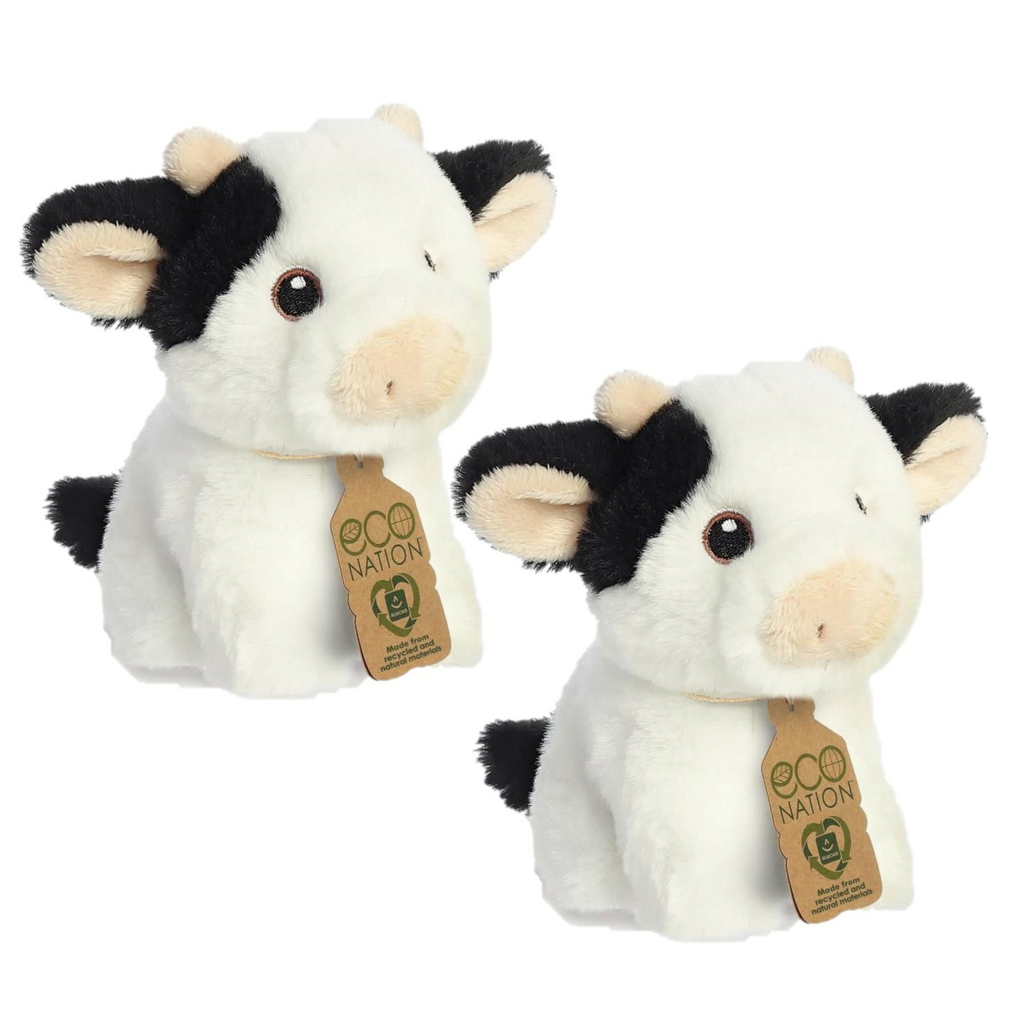 Set van 2x stuks pluche dieren knuffels zwart/witte koeien van 13 cm -