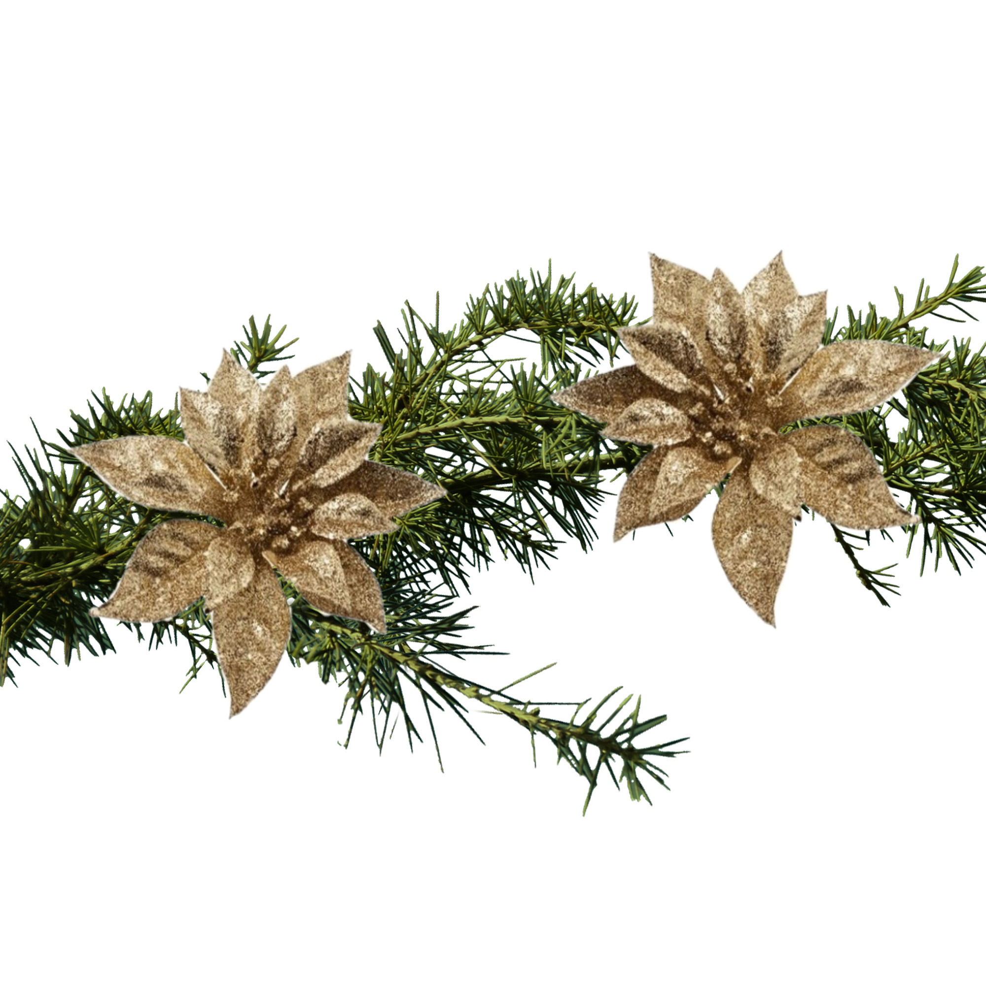 Kerst bloemen 2x stuks kunststof goud - op clip - 18 cm -