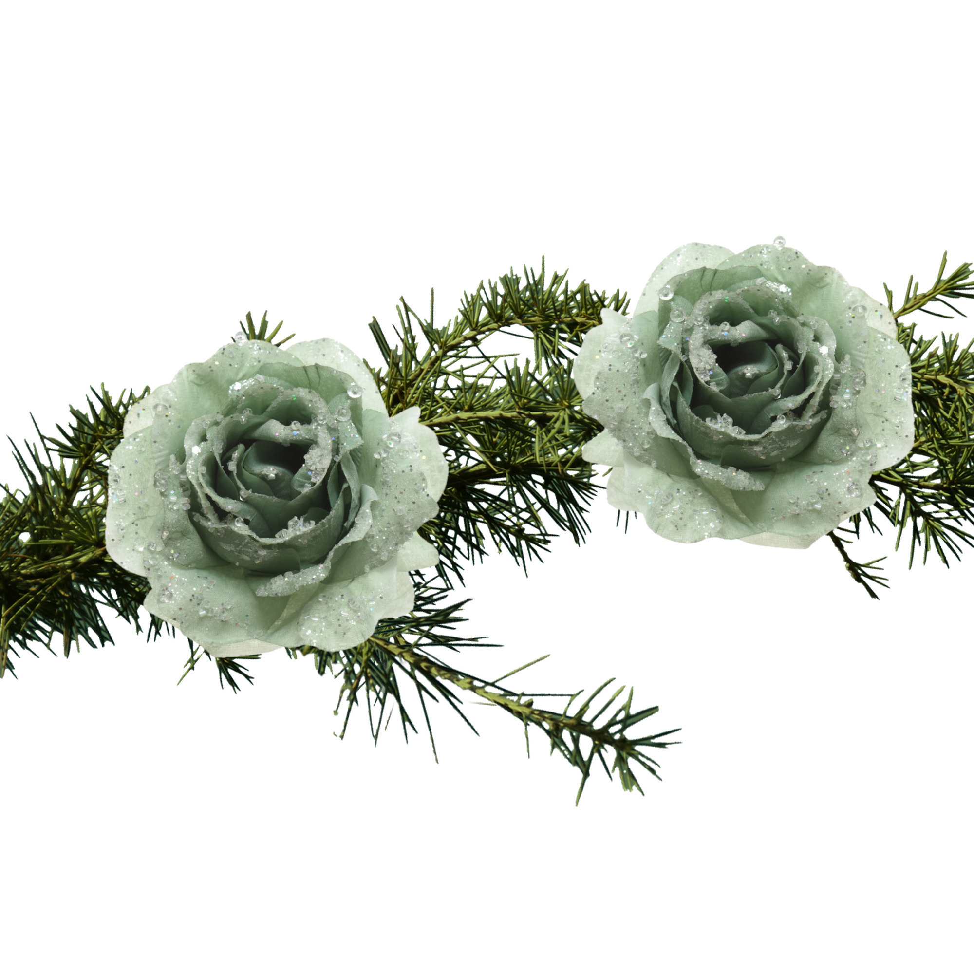 Kerst bloemen 2x stuks kunststof salie groen - op clip - 14 cm -