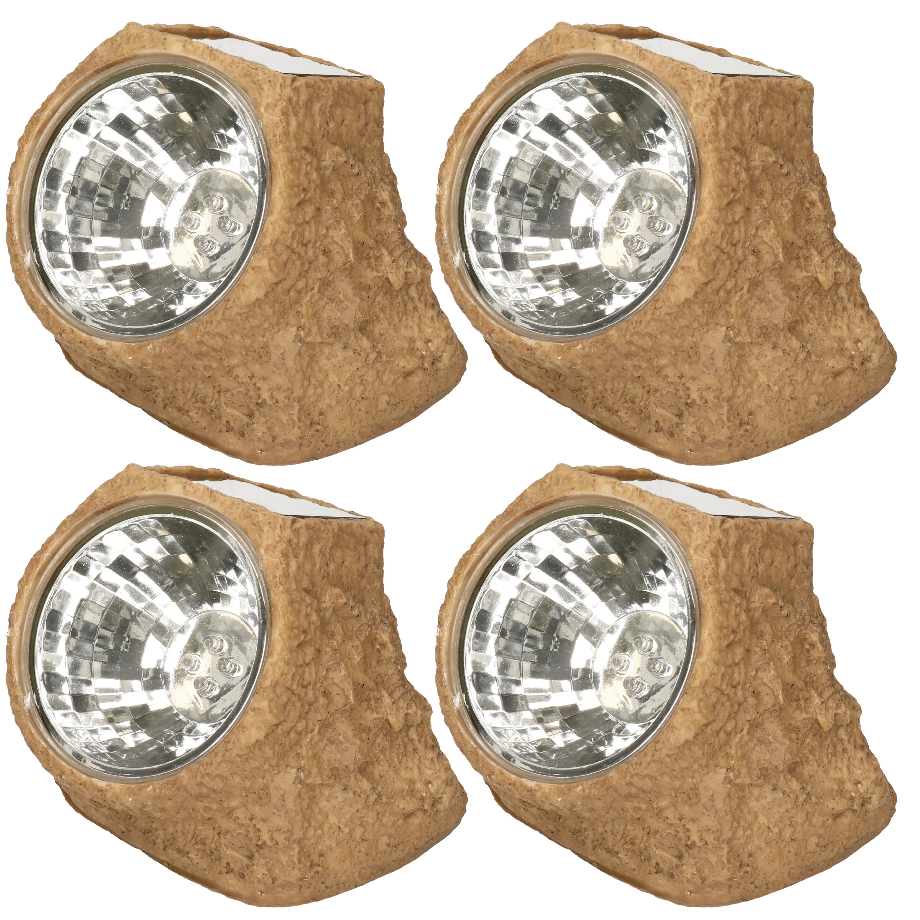 4x Tuinlampje Solar nepsteen bruin - LED licht tuin spotjes - lichtgevende stenen 11 x 12 cm -