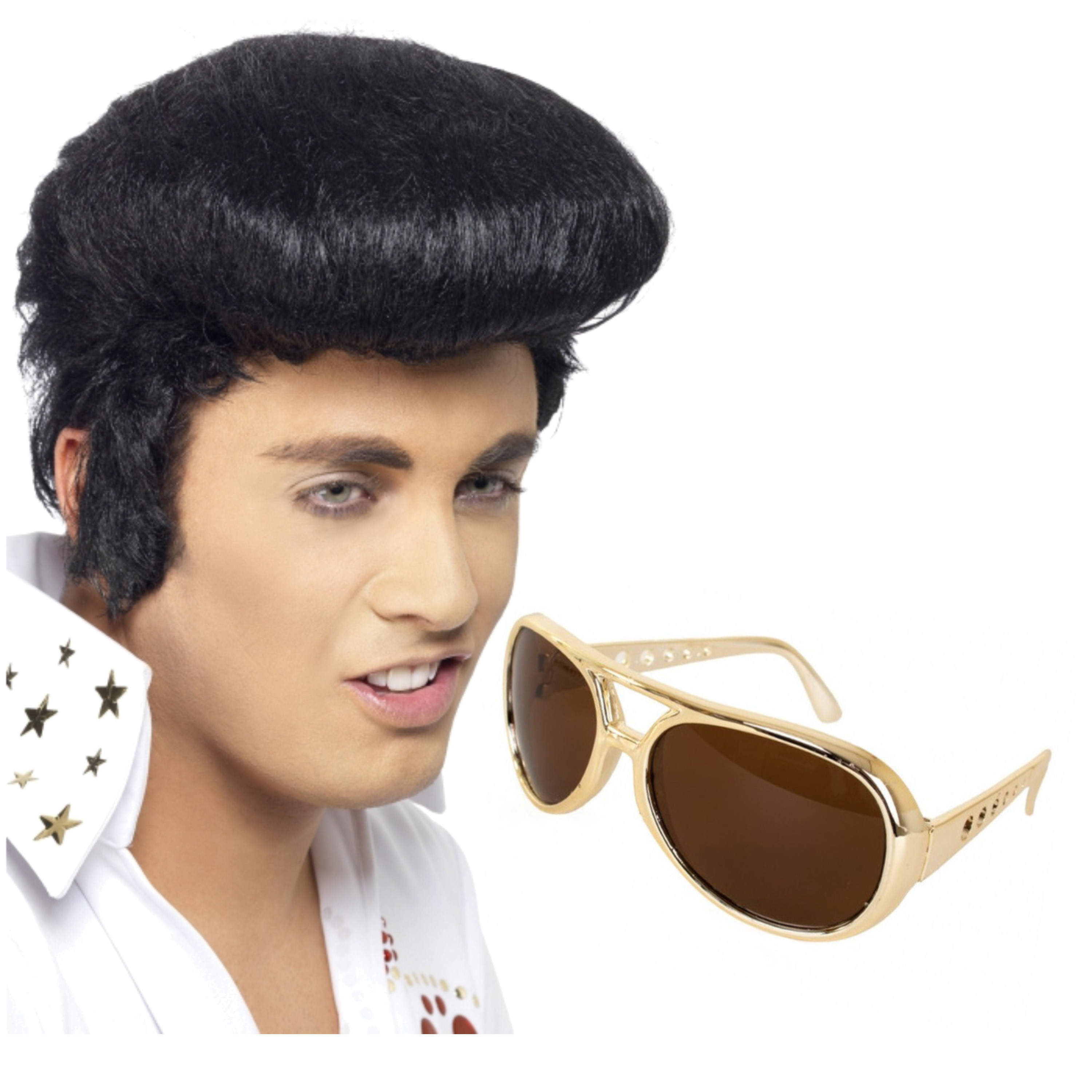 Elvis verkleed set pruik zwart en bril voor heren -