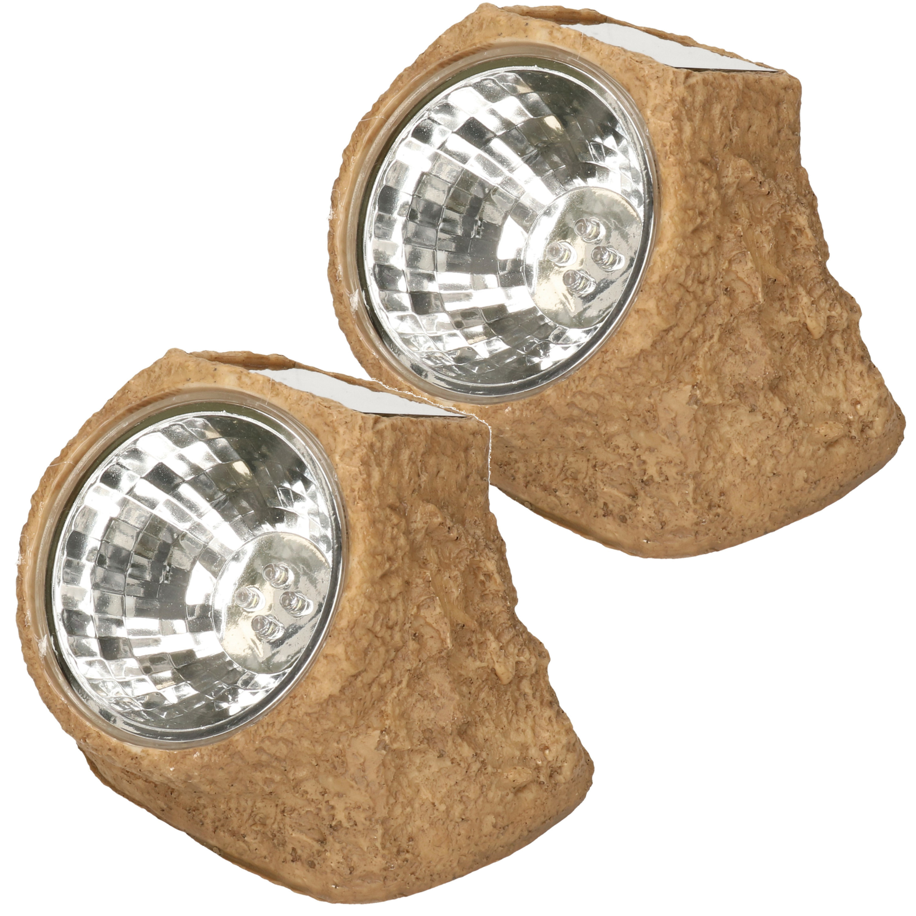 2x Tuinlampje Solar nepsteen bruin - LED licht tuin spotjes - lichtgevende stenen 11 x 12 cm -