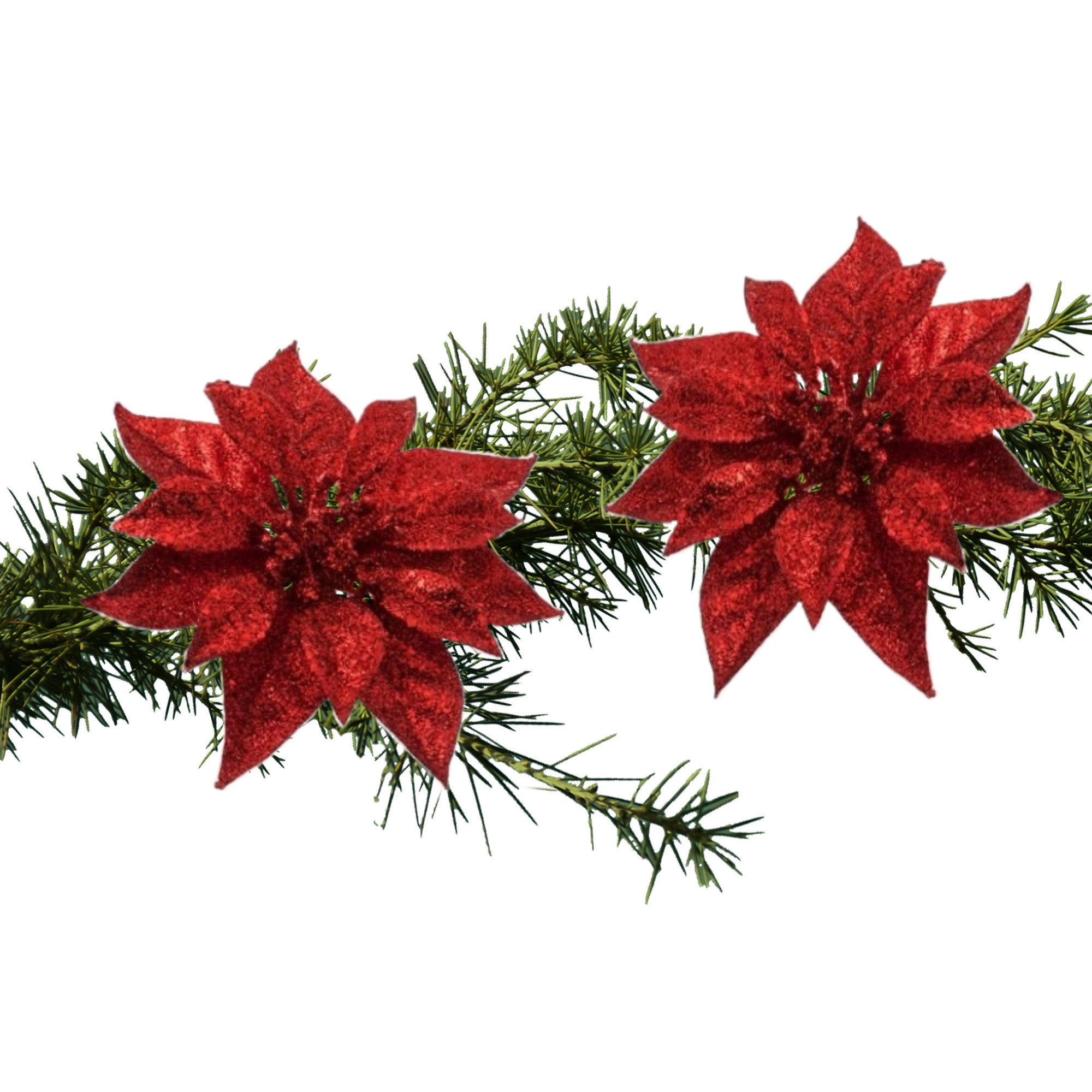 Kerst bloemen 2x stuks kunststof rood - op clip - 18 cm -