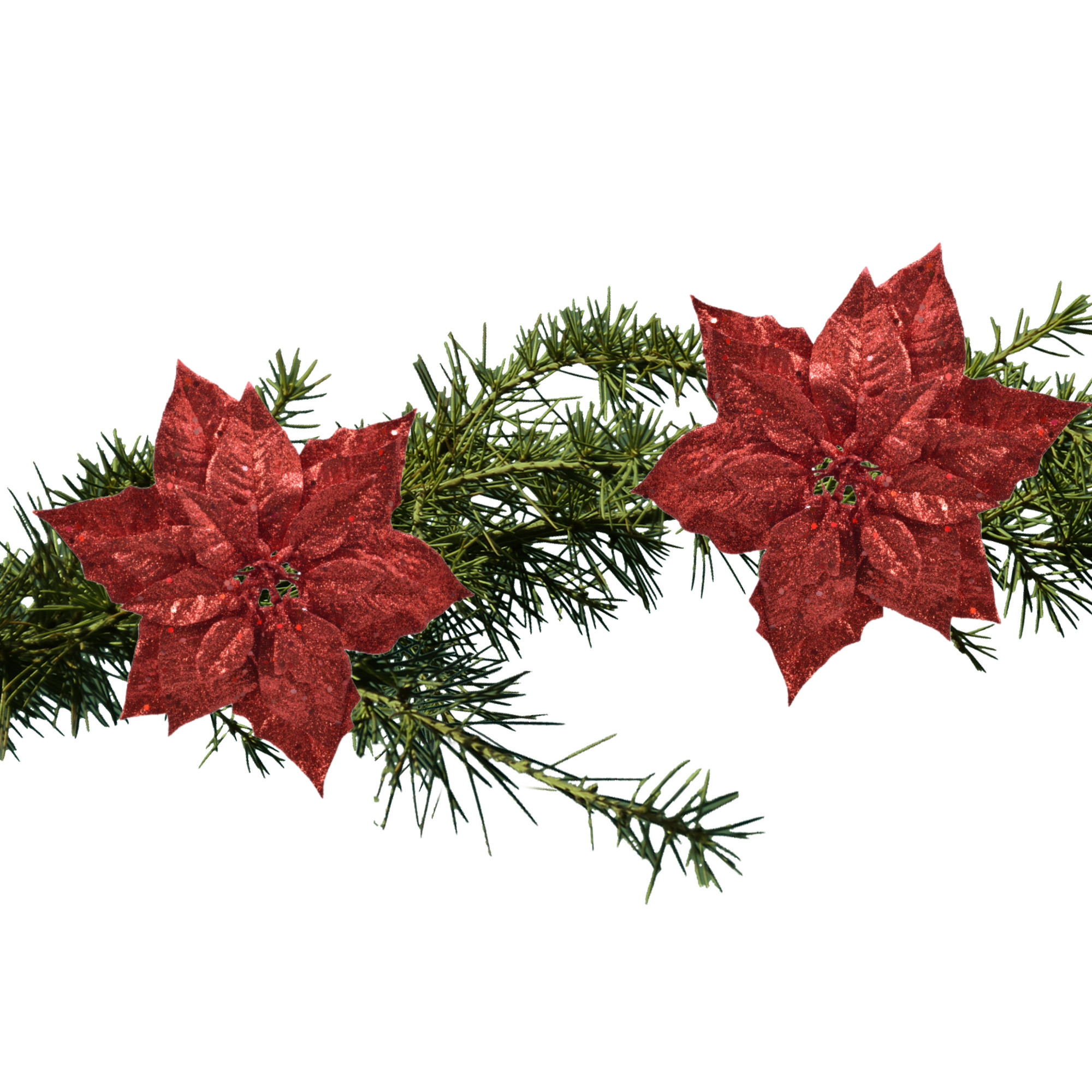 2x stuks kerstboom decoratie bloemen rood glitter op clip 23 cm -
