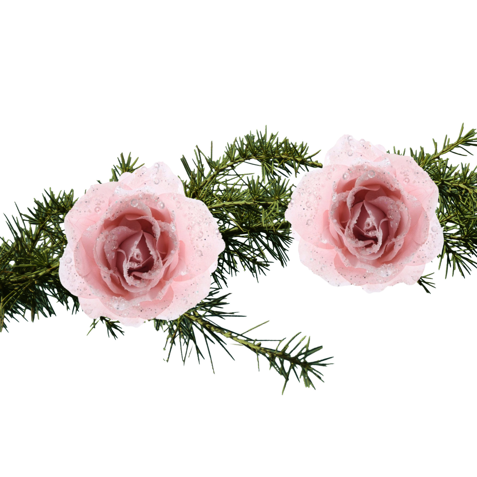 2x stuks kerstboom bloemen/rozen op clip poeder roze 14 cm -