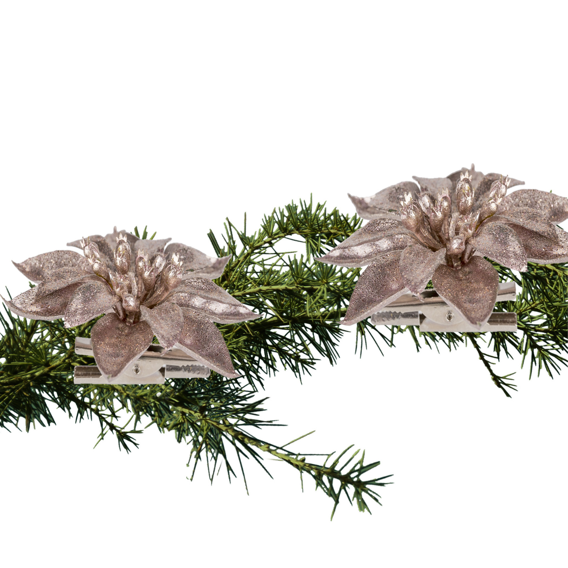2x stuks kerstboom bloemen kerstster roze glitter op clip 9 cm -