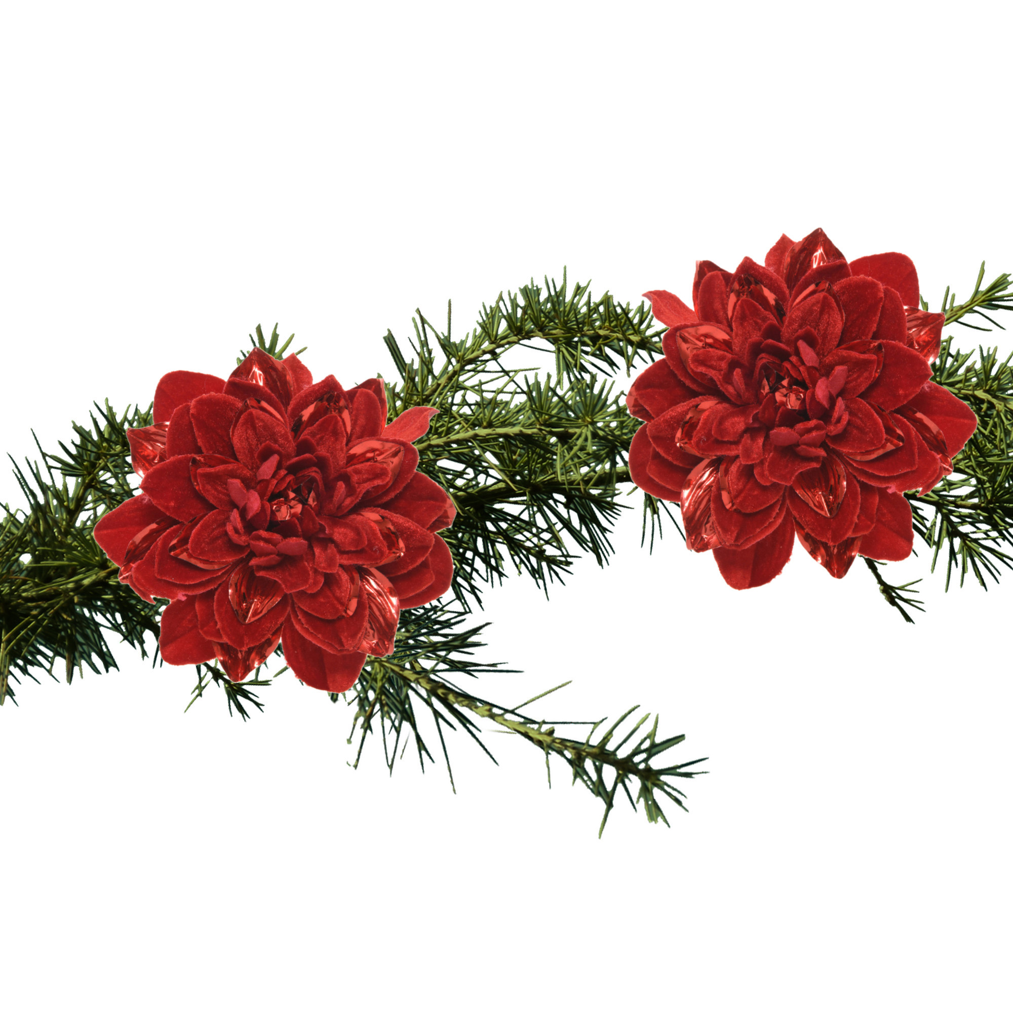 2x stuks kerstboom decoratie bloemen velvet rood op clip 16 cm -