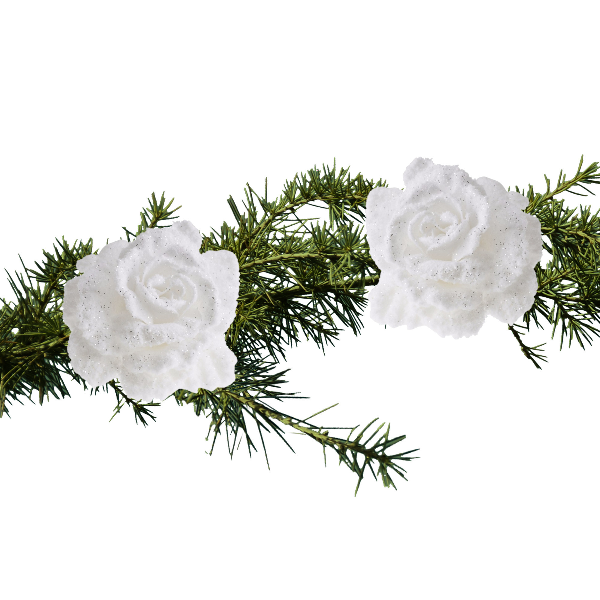 2x stuks kerstboom bloemen op clip wit en besneeuwd 10 cm -