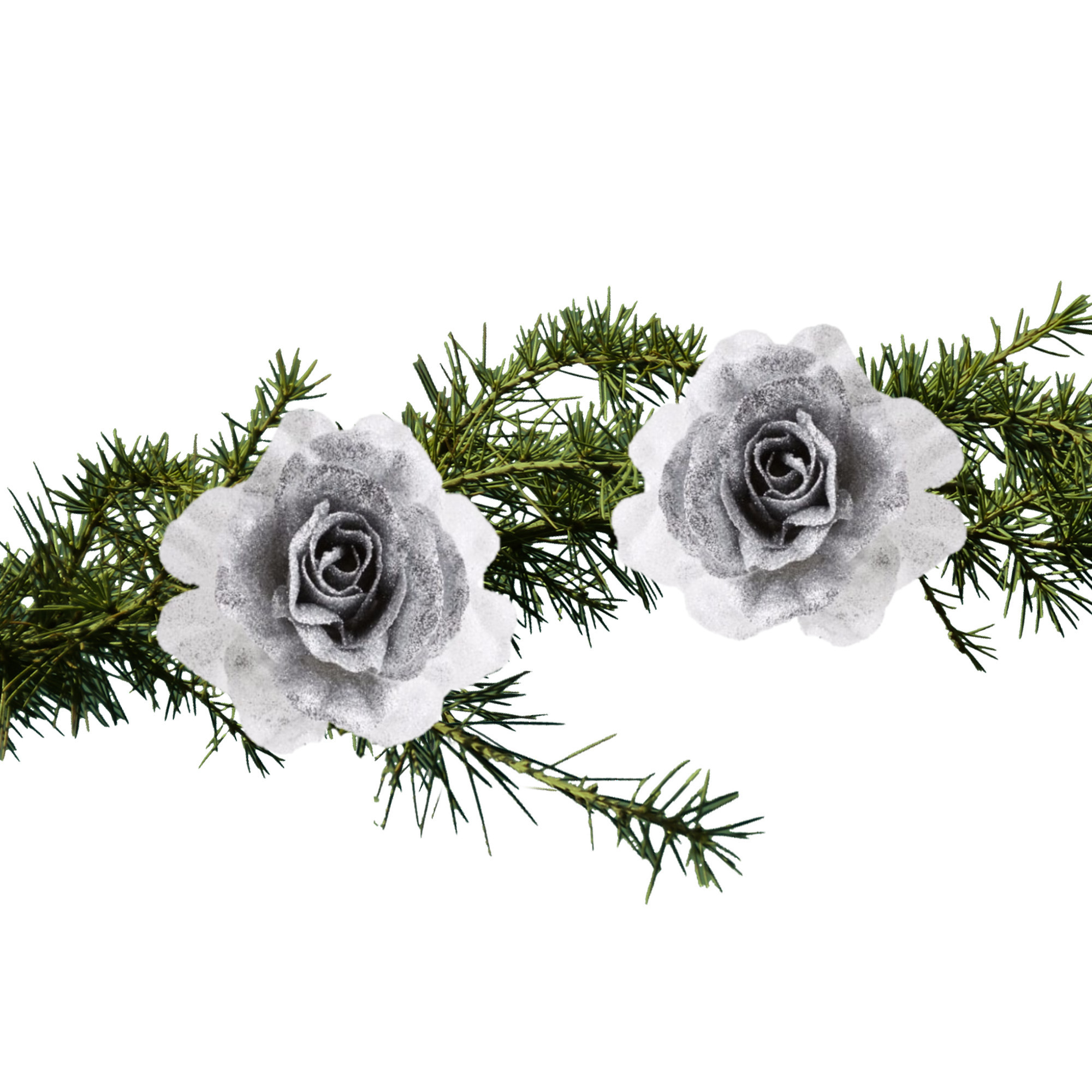 2x stuks kerstboom bloemen op clip zilver/wit en besneeuwd 18 cm -