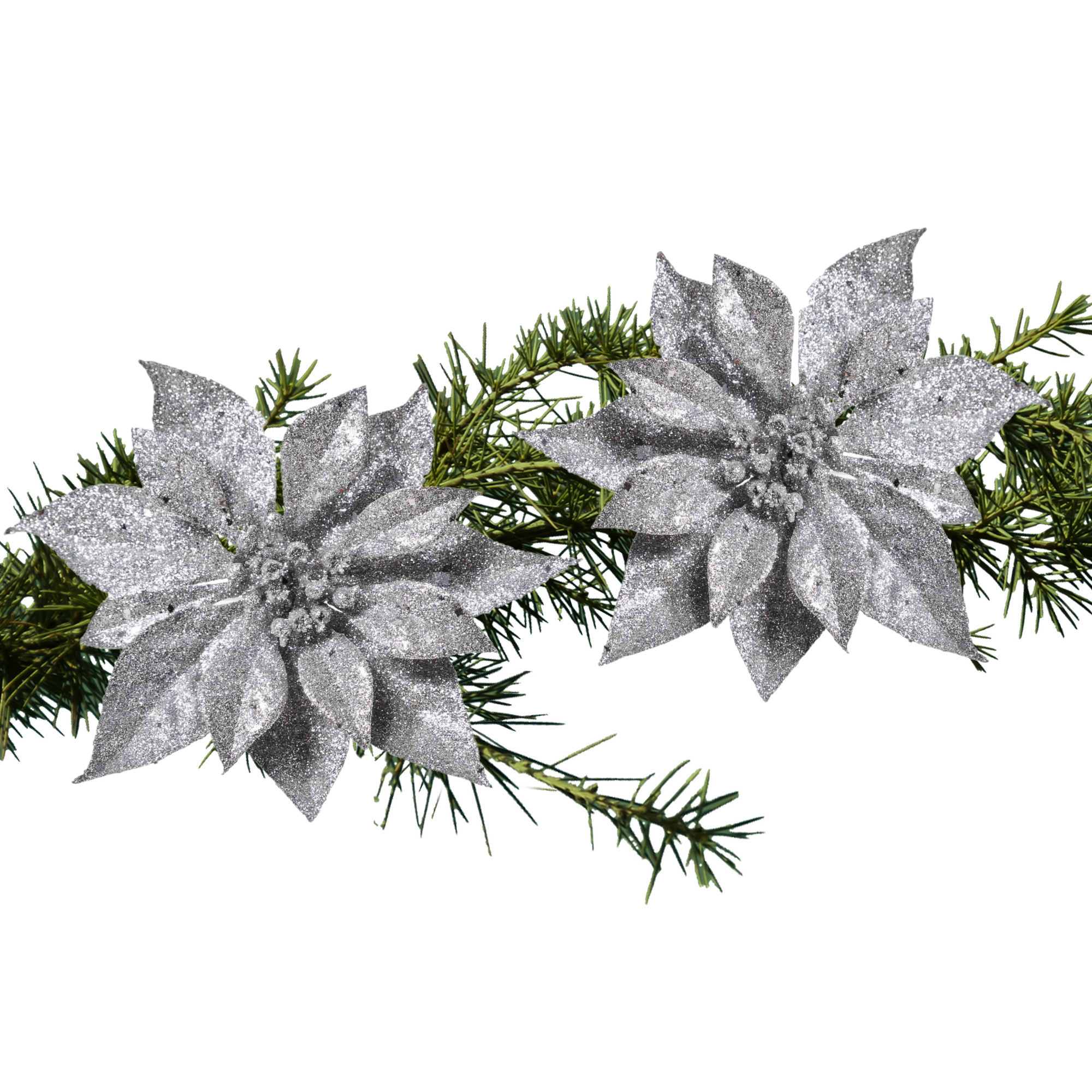 2x stuks kerstboom bloemen op clip zilveren kerstster 18 cm -