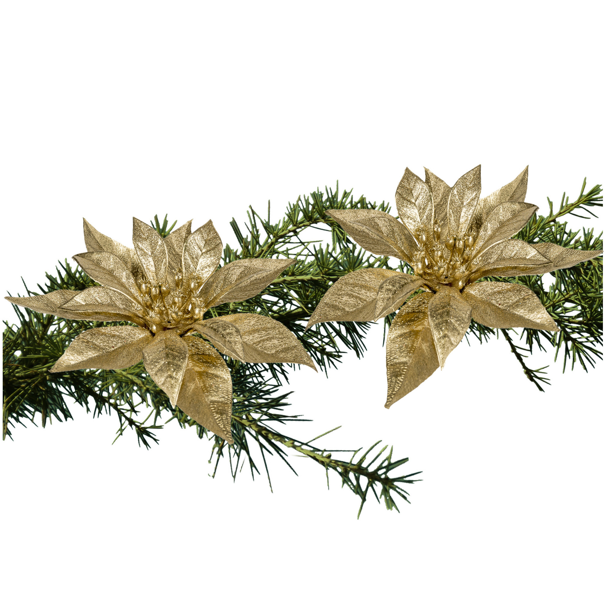 2x stuks kerstboom bloemen kerstster goud glitter op clip 18 cm -