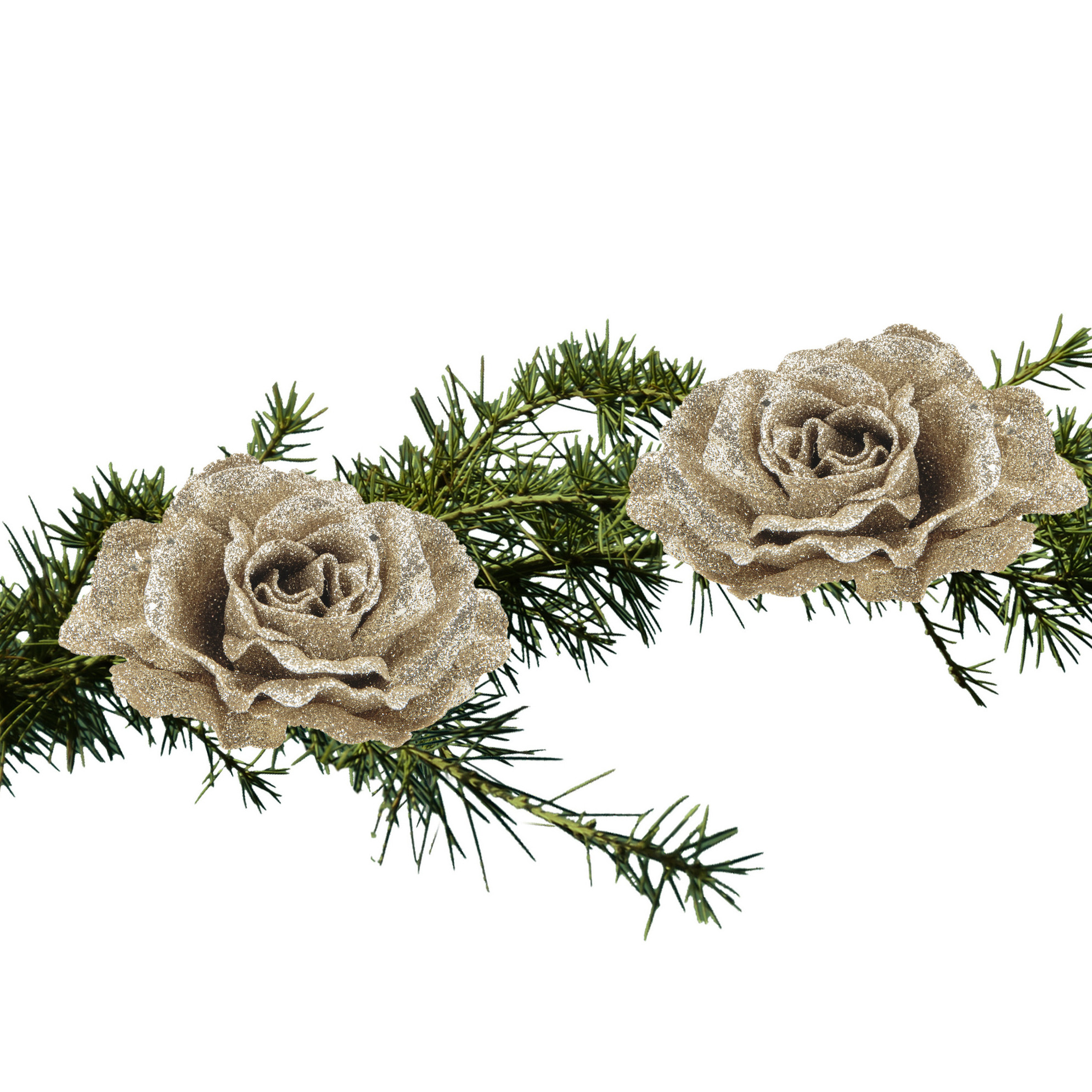 2x stuks kerstboom bloemen roos champagne glitter op clip 10 cm -