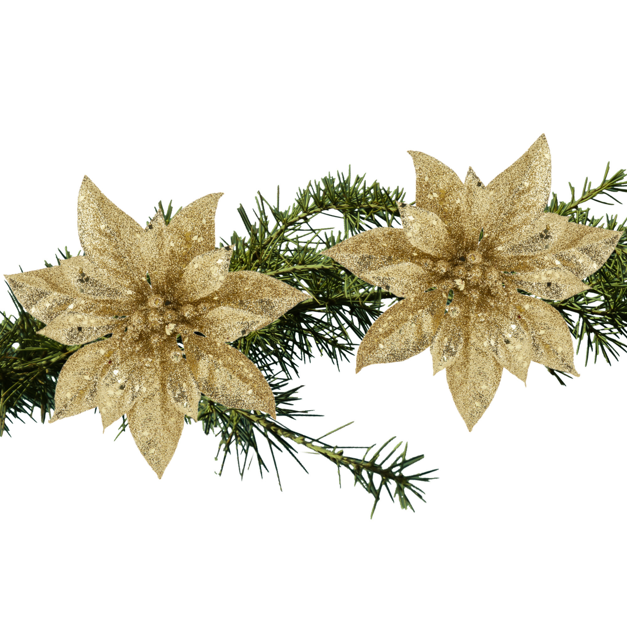2x stuks kerstboom bloemen kerstster goud glitter op clip 15 cm -