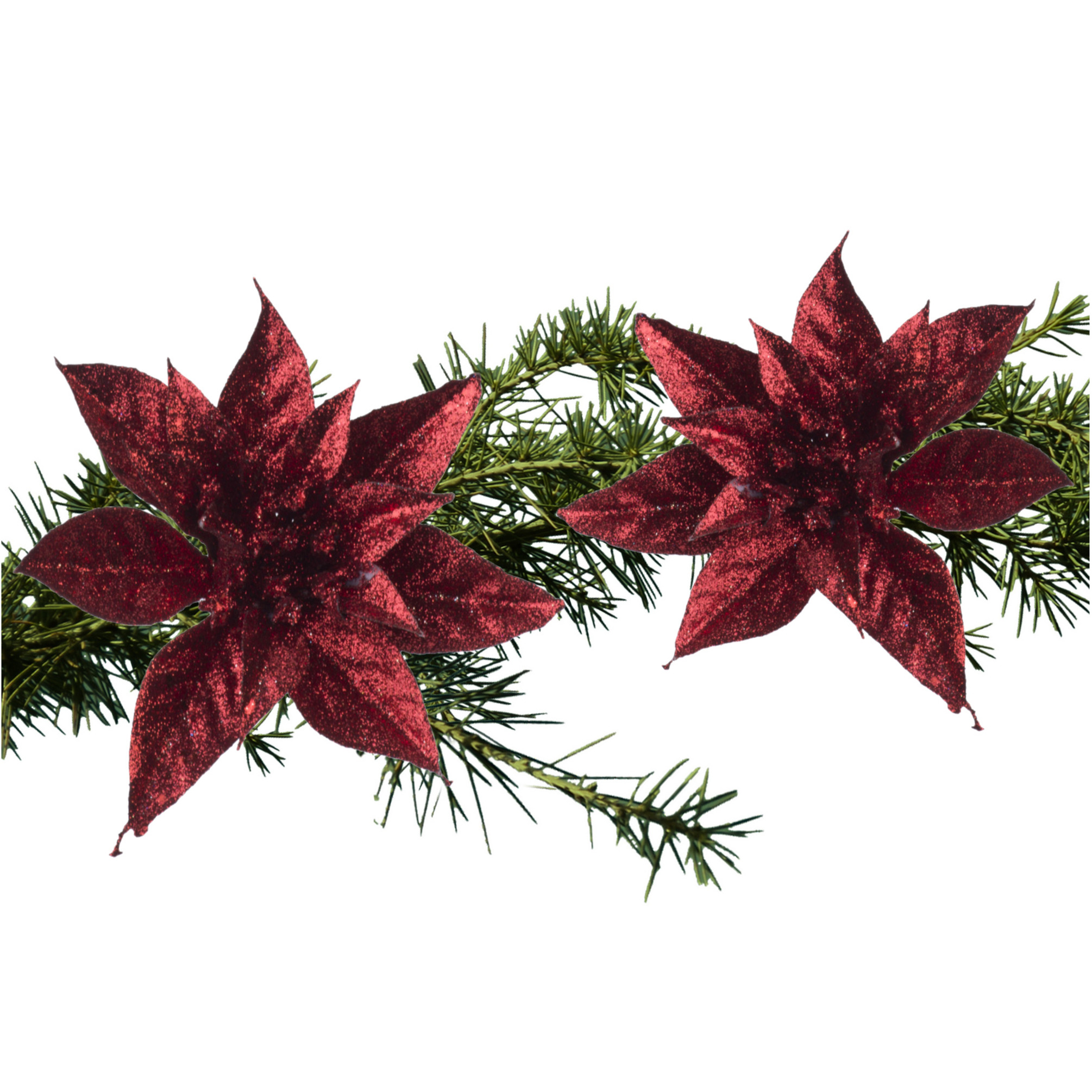 2x stuks kerstboom bloemen kerstster rood glitter op clip 15 cm -