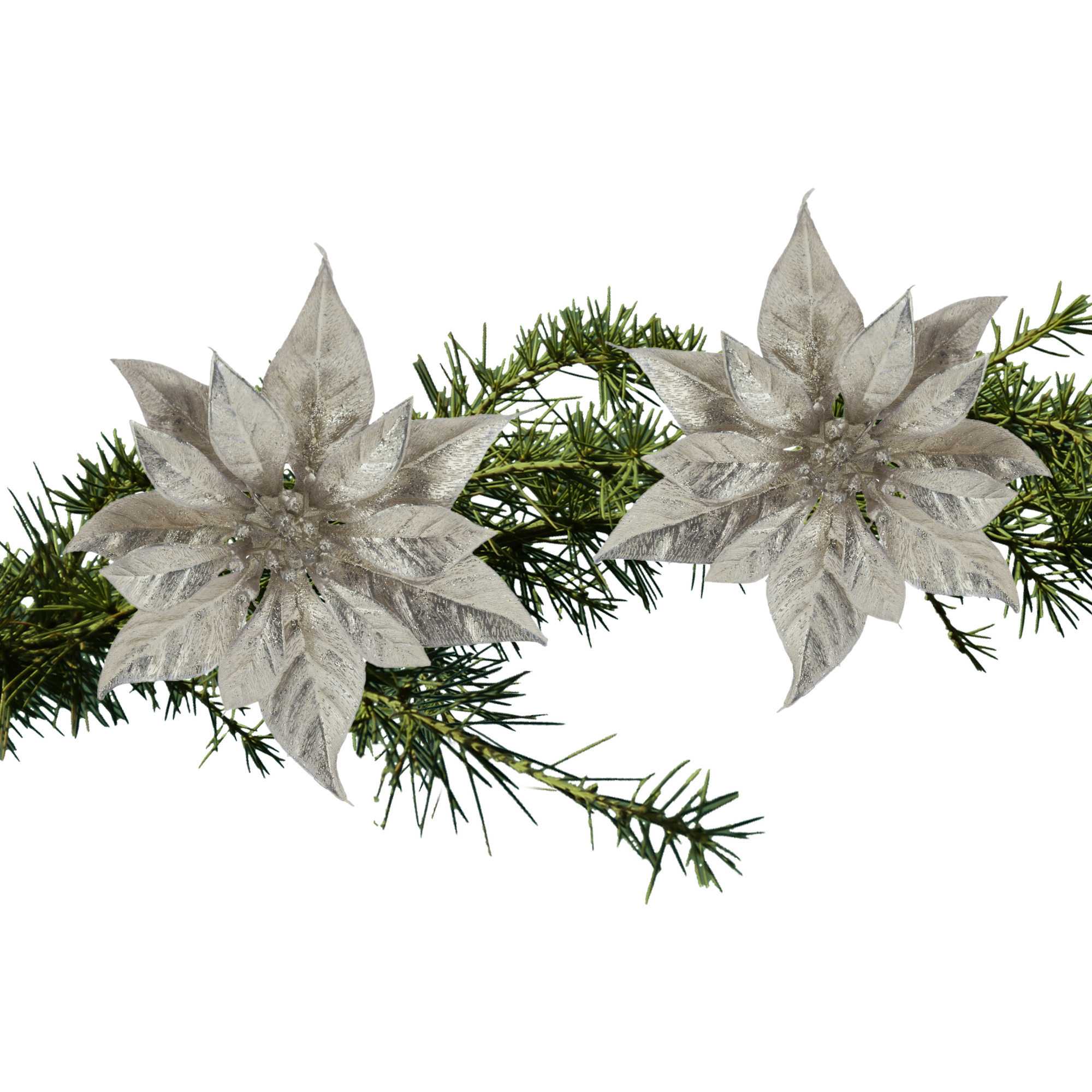 2x stuks kerstboom bloemen kerstster champagne glitter op clip 18 cm -
