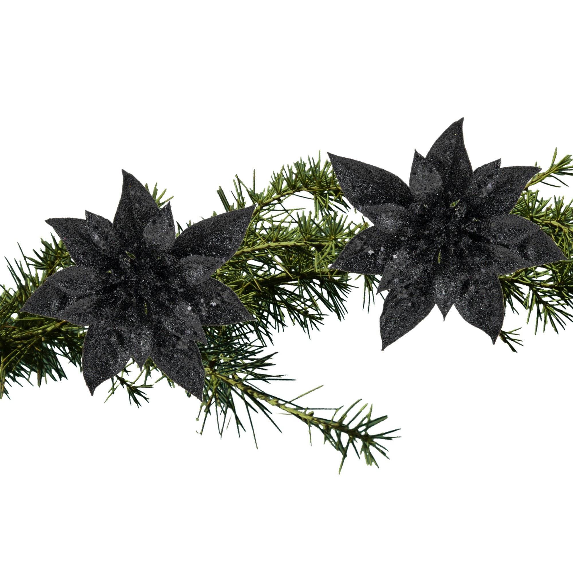 2x stuks kerstboom bloemen kerstster zwart glitter op clip 15 cm -
