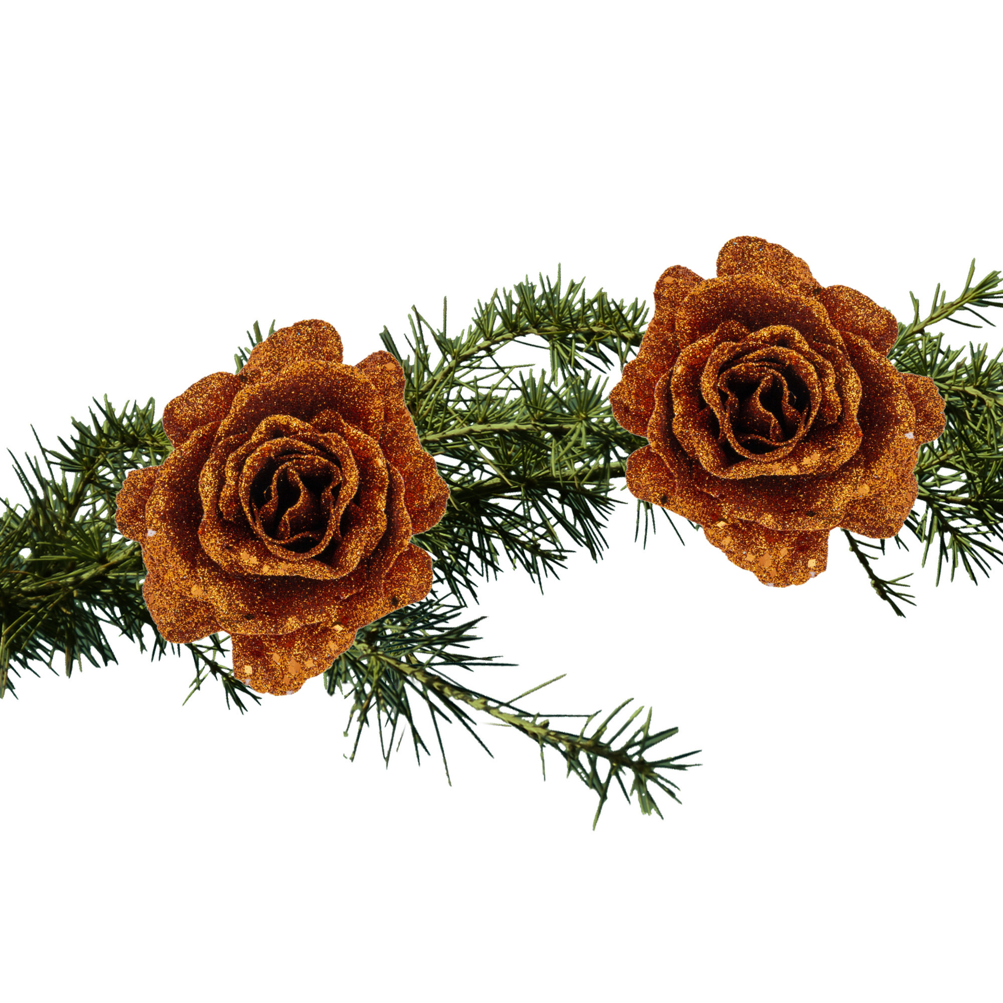 2x stuks kerstboom bloemen roos koper glitter op clip 10 cm -