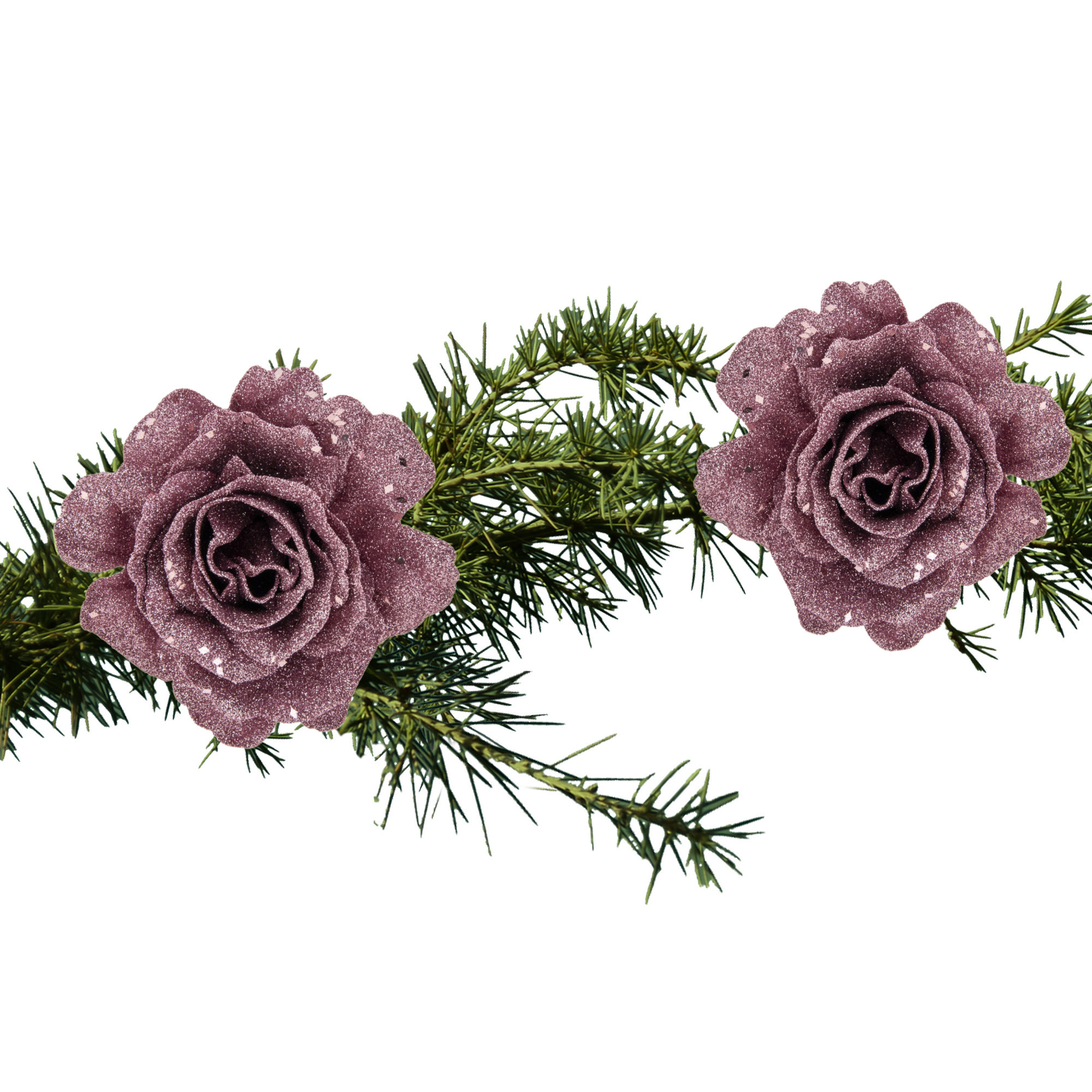 2x stuks kerstboom bloemen roos roze glitter op clip 10 cm -