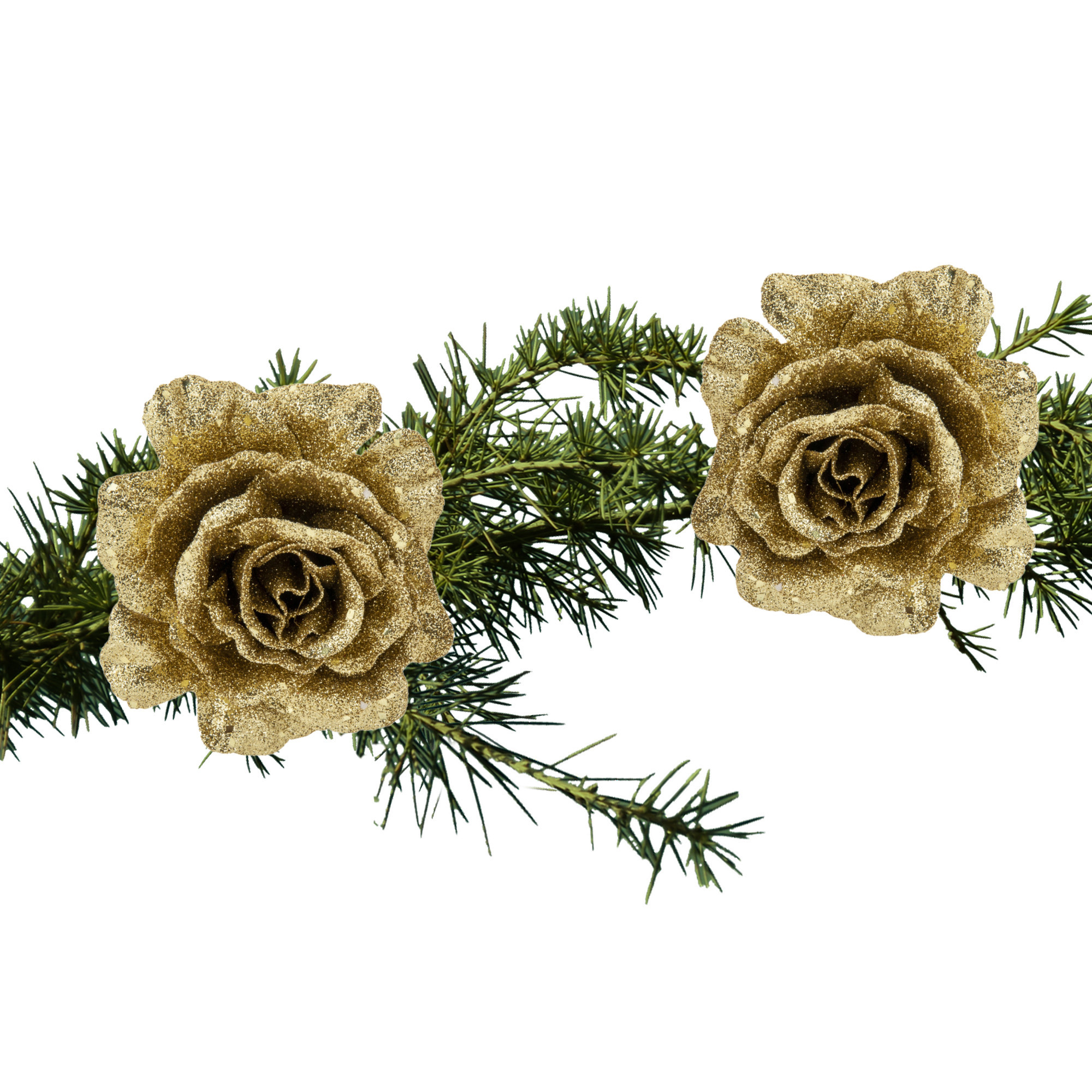 2x stuks kerstboom bloemen roos goud glitter op clip 10 cm -