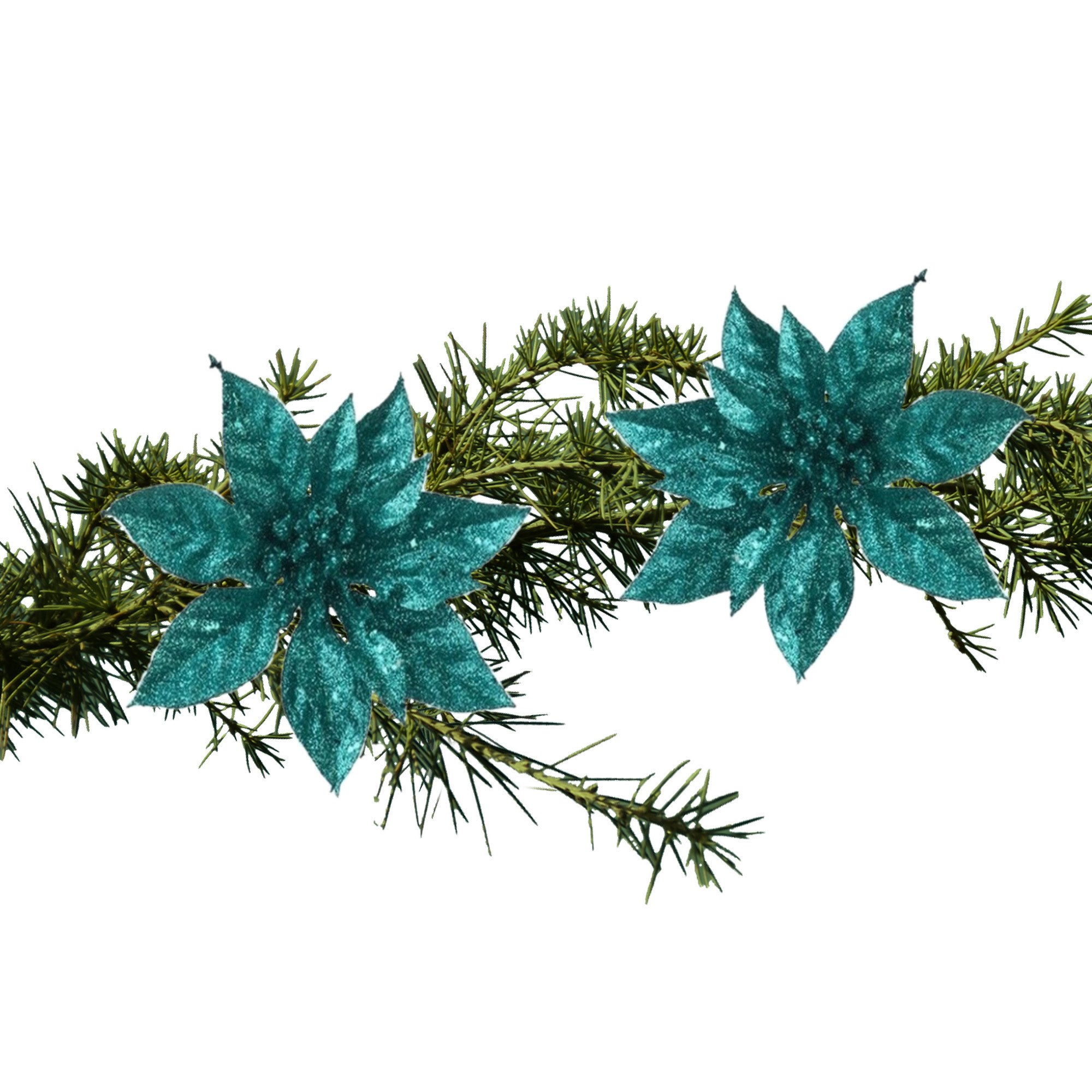 2x stuks kerstboom bloemen op clip emerald groen glitter 15 cm -