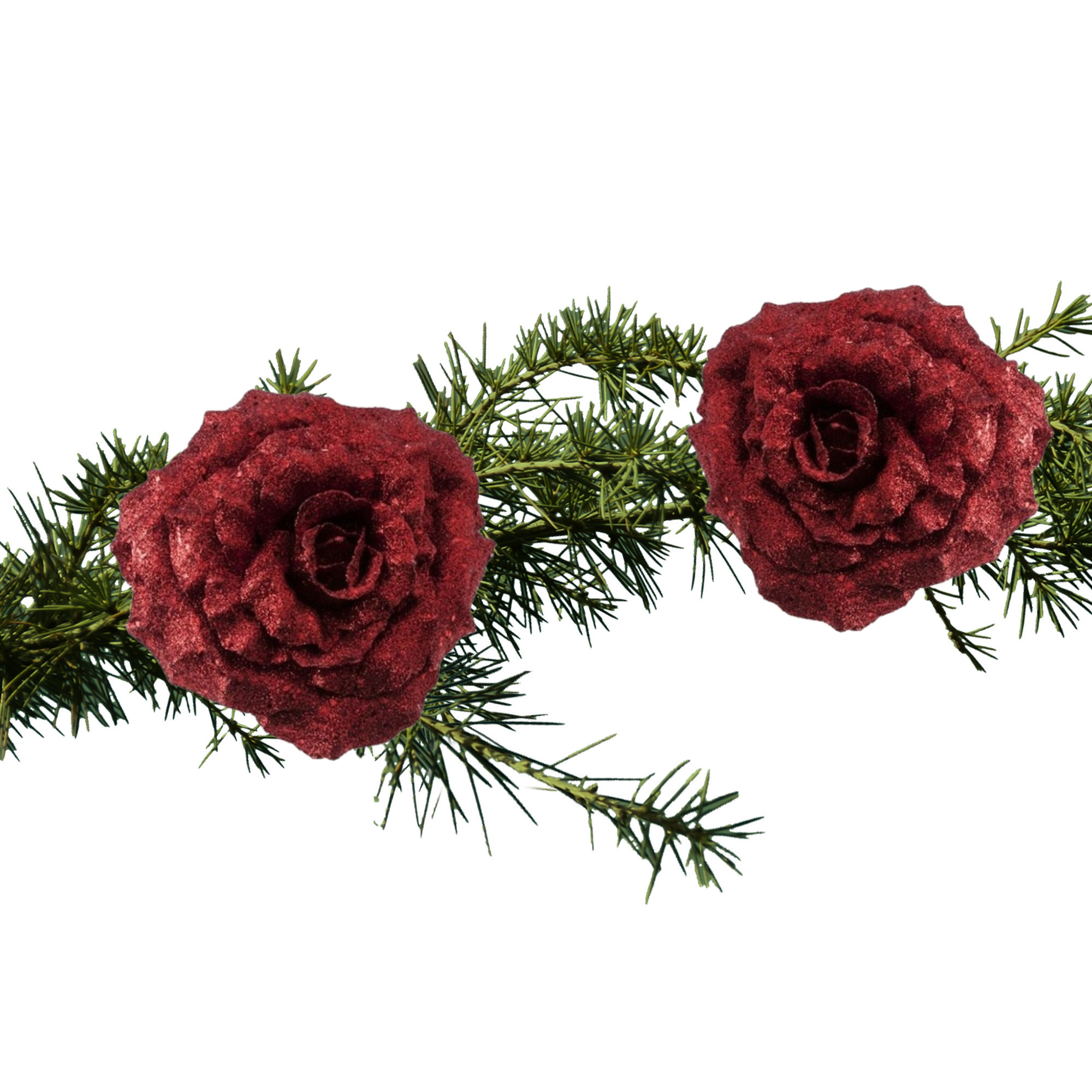 2x stuks kerstboomversiering bloem op clip rode glitter roos 18 cm -