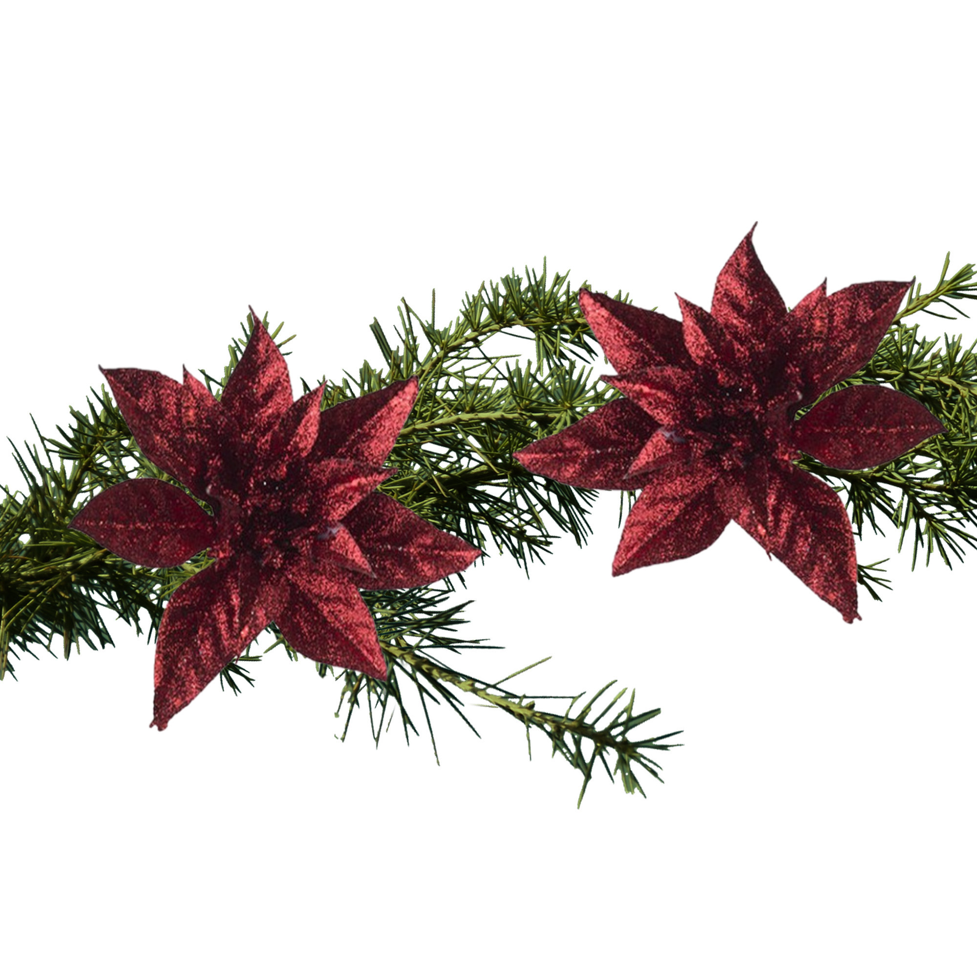 2x stuks kerstboom decoratie glitter bloemen op clip donkerrood 8 cm -