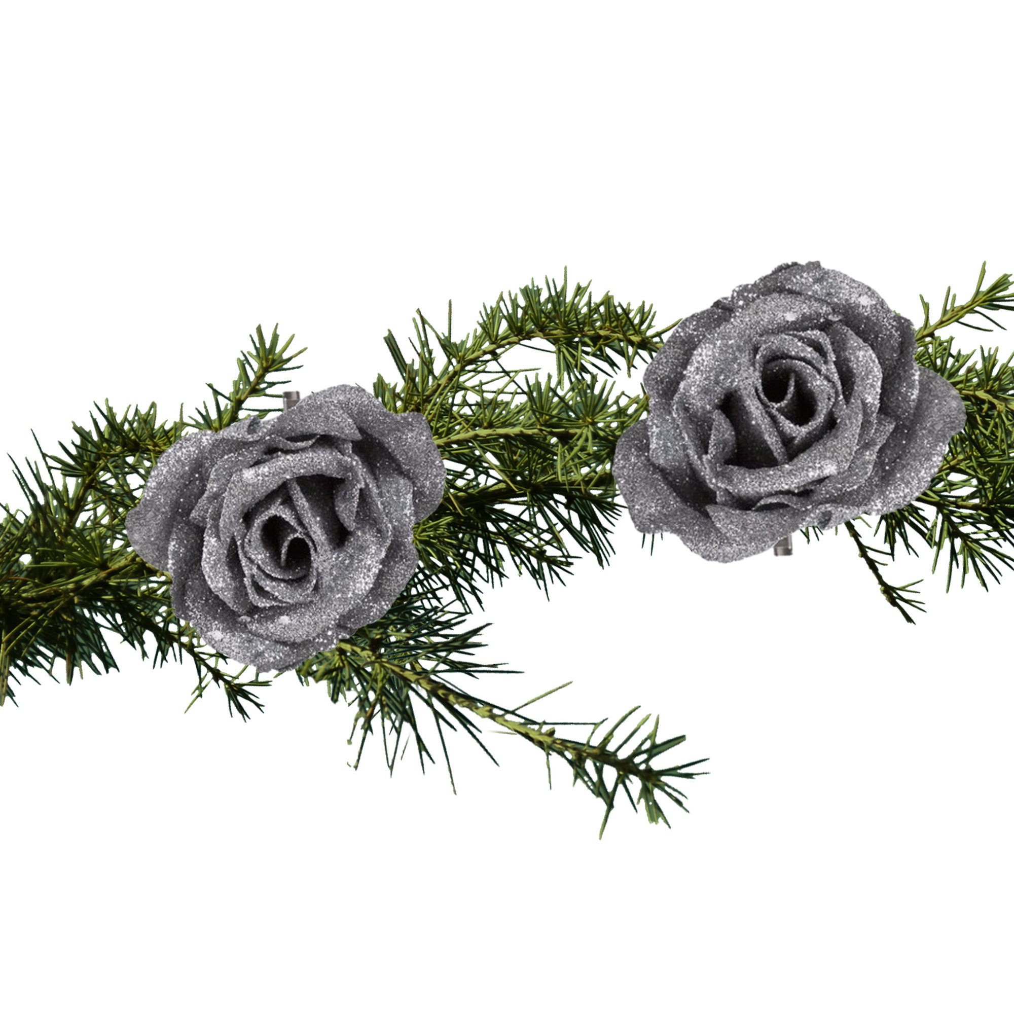 2x stuks kerstboomversiering bloemen op clip zilver en besneeuwd 9 cm -