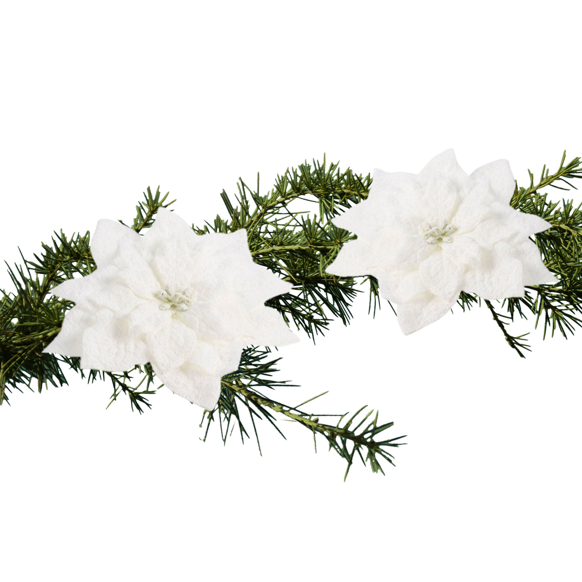 2x stuks kerstboomversiering op clip witte besneeuwde bloemen 15 cm -