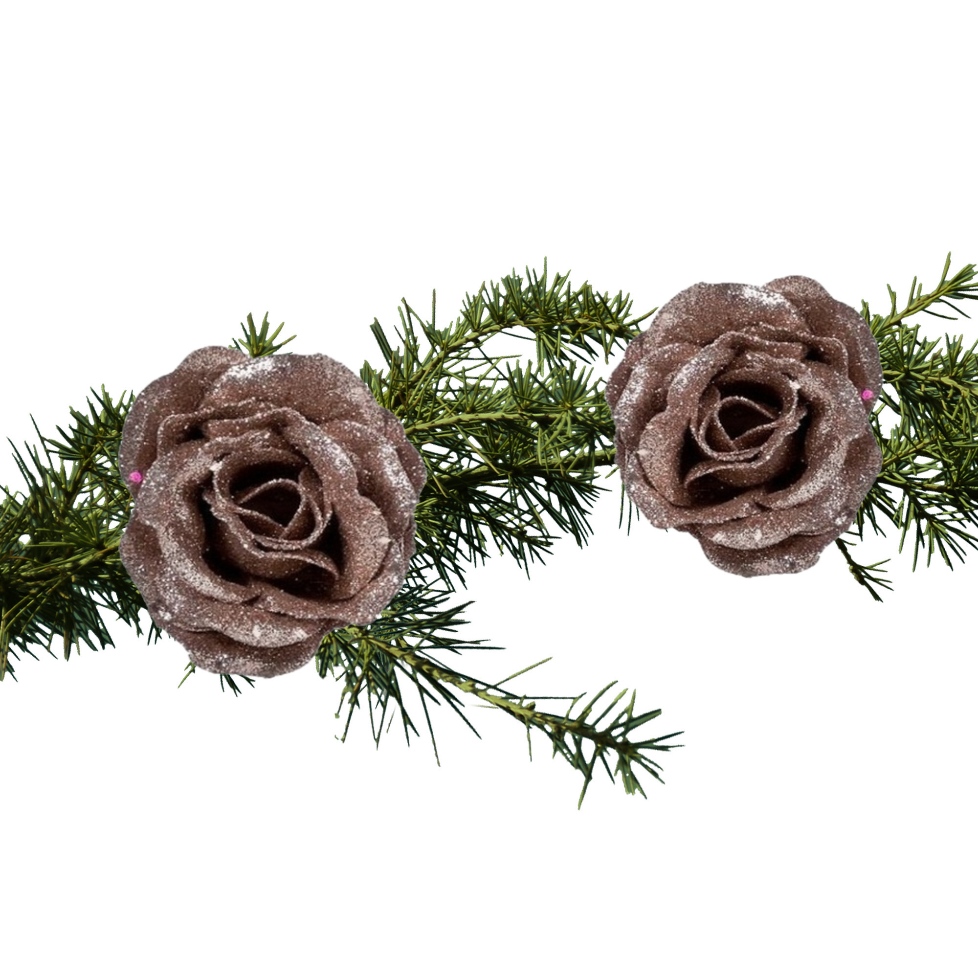 2x stuks kerstboom bloemen/rozen op clip oudroze glitters 7 cm -