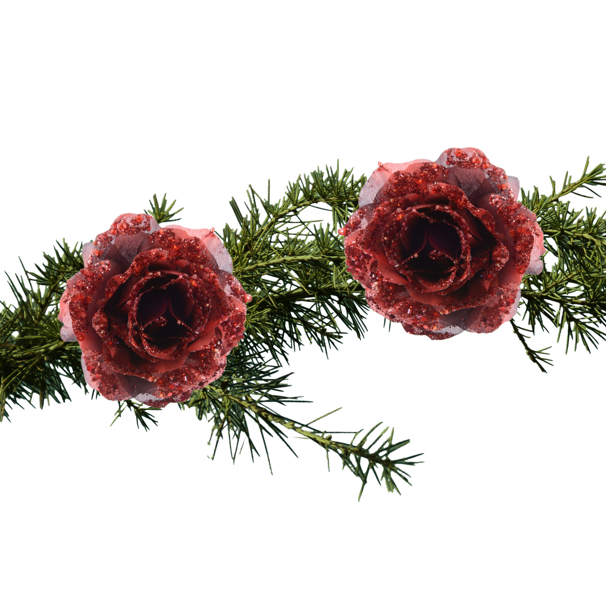 2x stuks kerstboom decoratie bloemen op clip rood 14 cm -