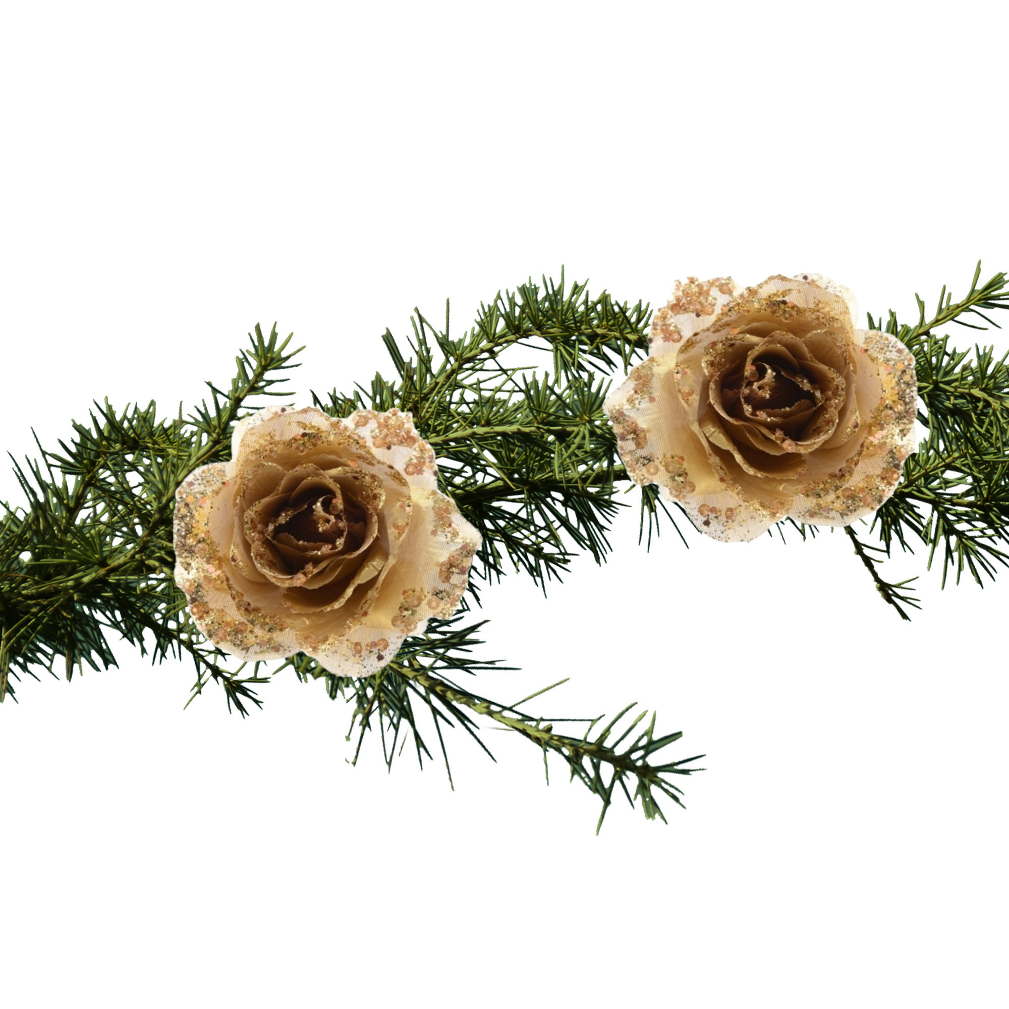 Decoratie roos - 2x stuks - op clip - goud - 14 cm - kunststof - kerstbloemen - kerstboomversiering -
