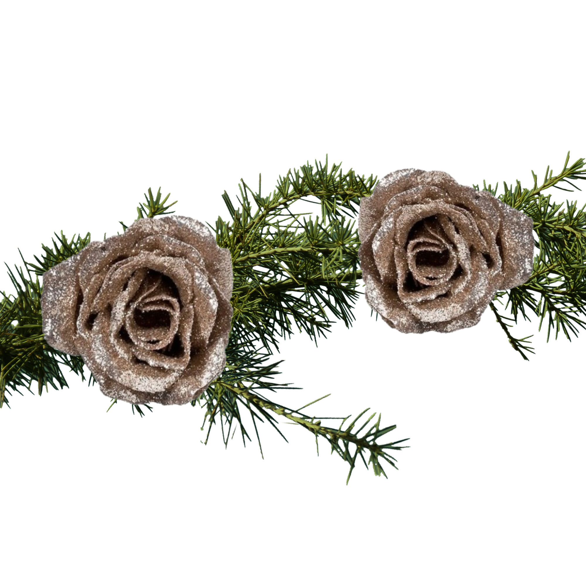2x stuks kerstboom decoratie bloemen op clip champagne glitter 7 cm -