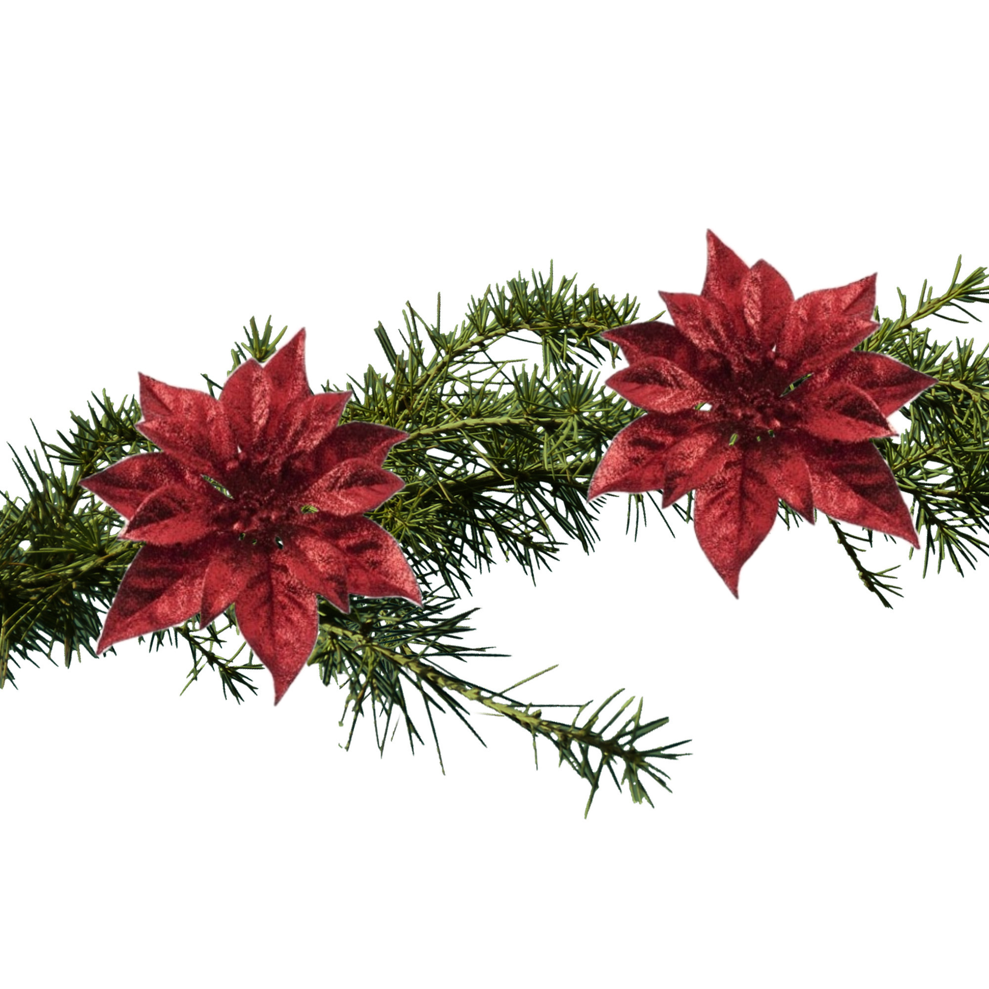2x stuks kerstboomversiering bloemen op clip rode kerstster 18 cm -