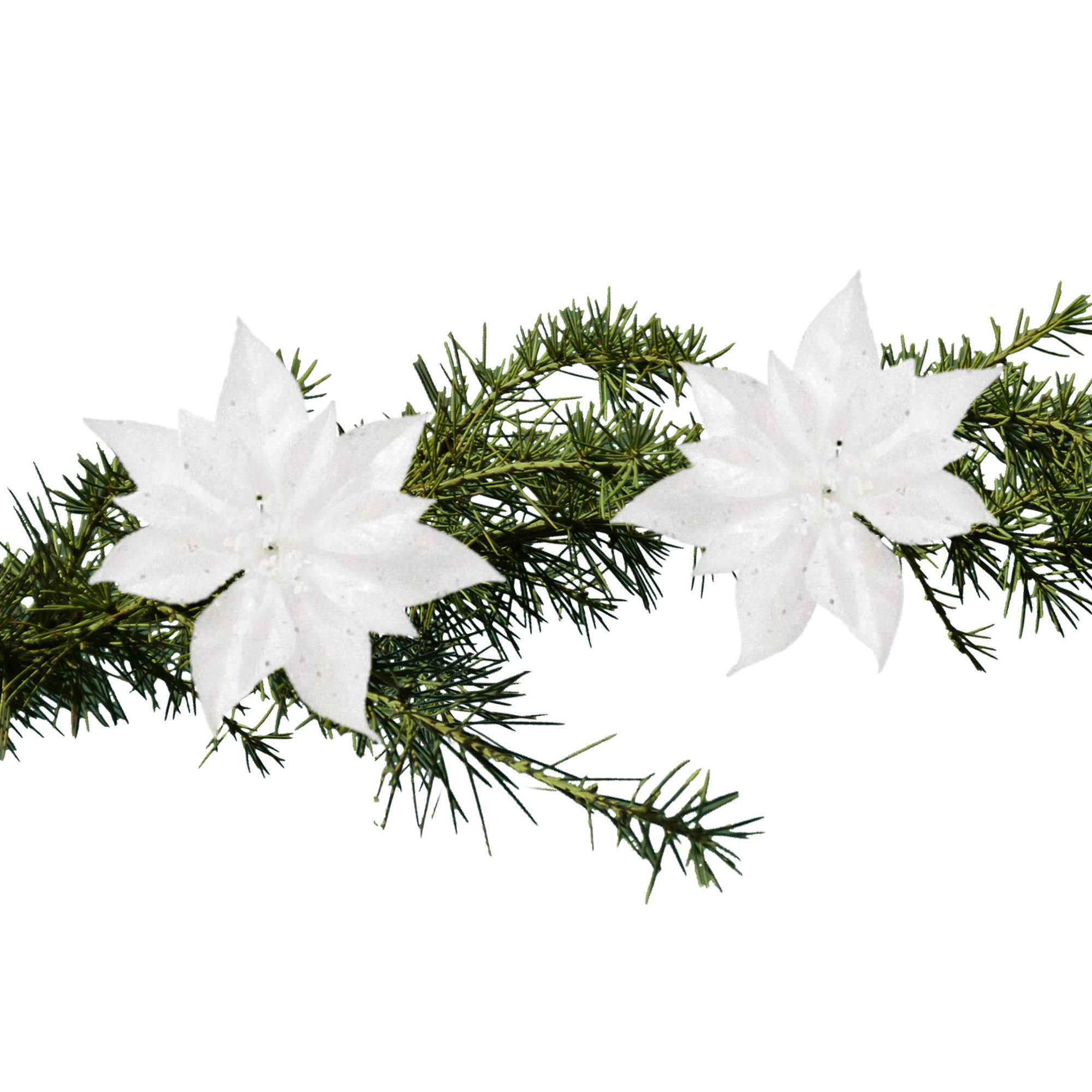 2x stuks kerstboomversiering kunstbloemen op clip wit 18 cm -