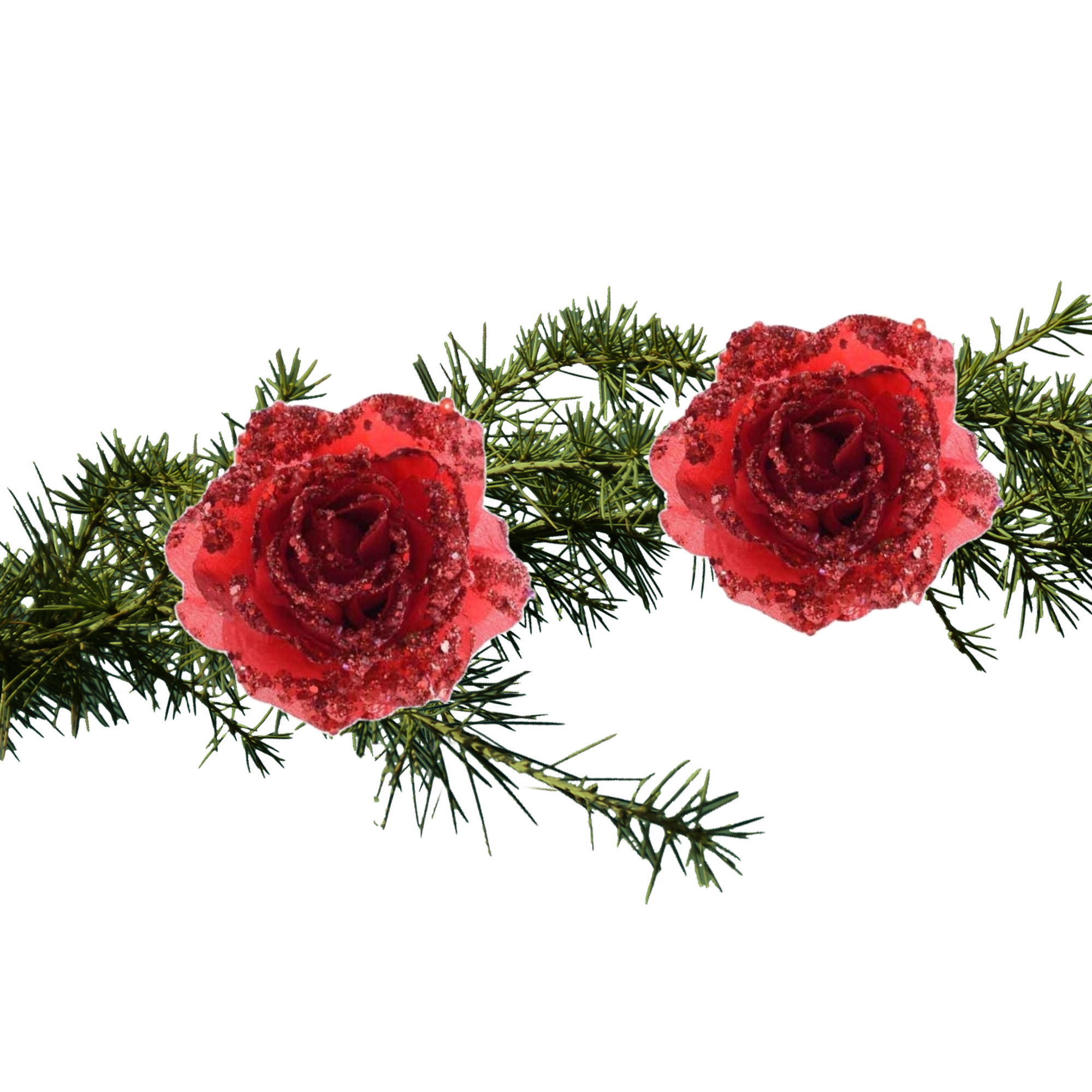 2x stuks kerstversiering glitter bloemen/rozen met clip rood 14 cm -
