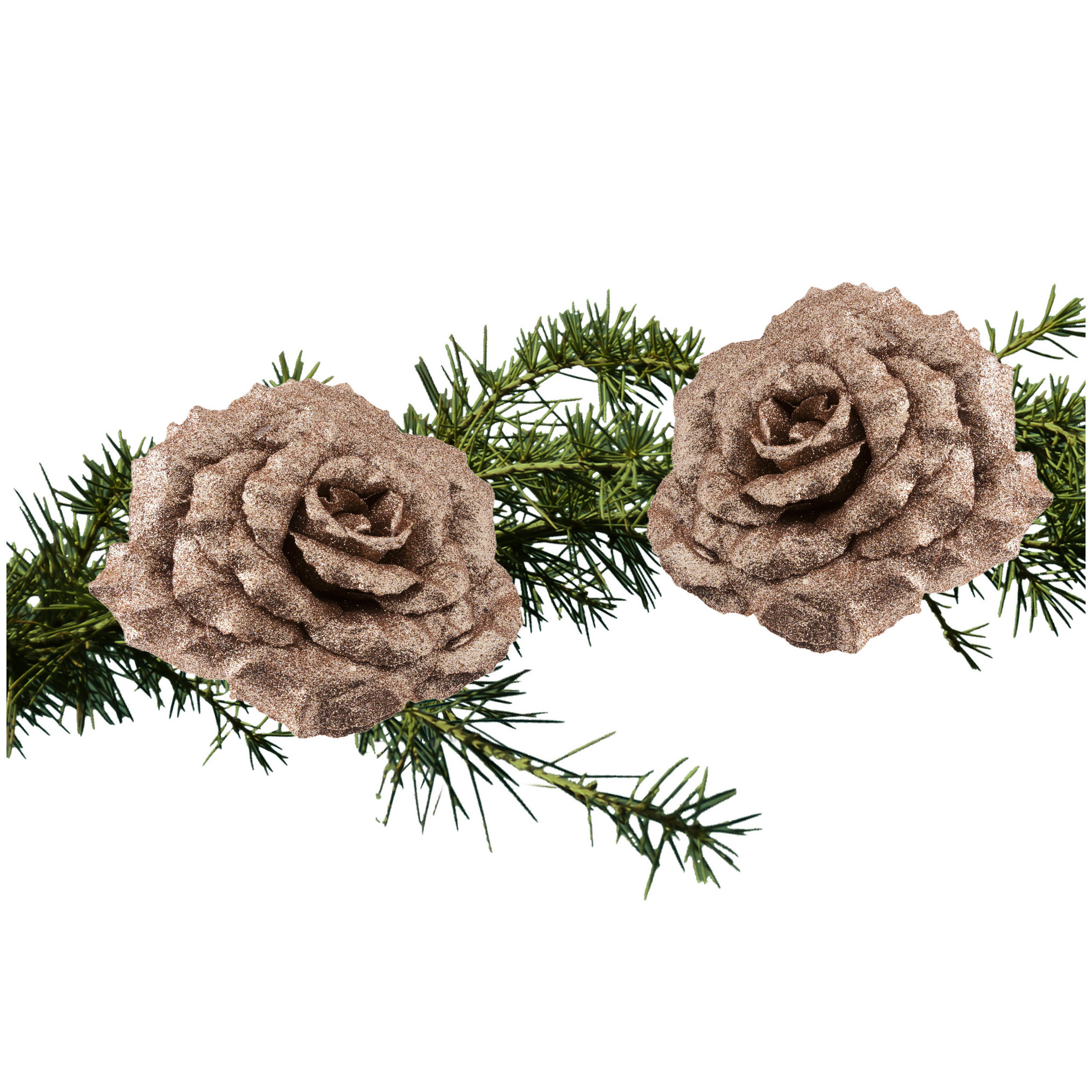 2x stuks kerstboom decoratie bloemen op clip champagne glitter 18 cm -