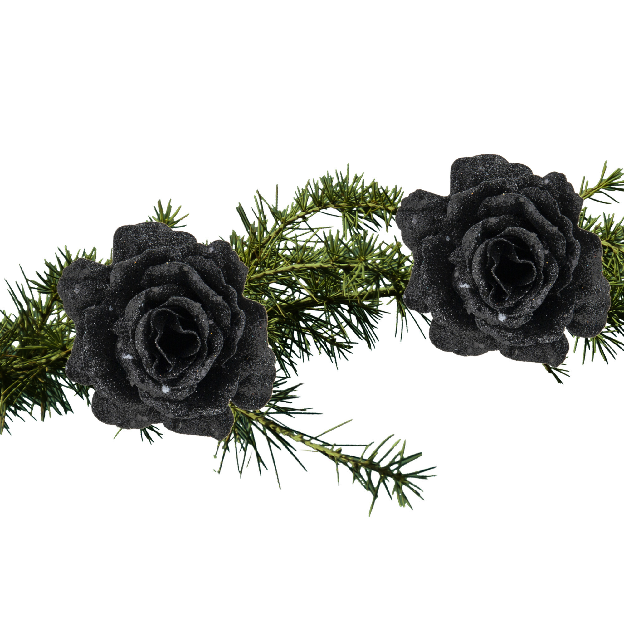 2x stuks kerstboom decoratie bloemen roos zwart glitter op clip 10 cm -