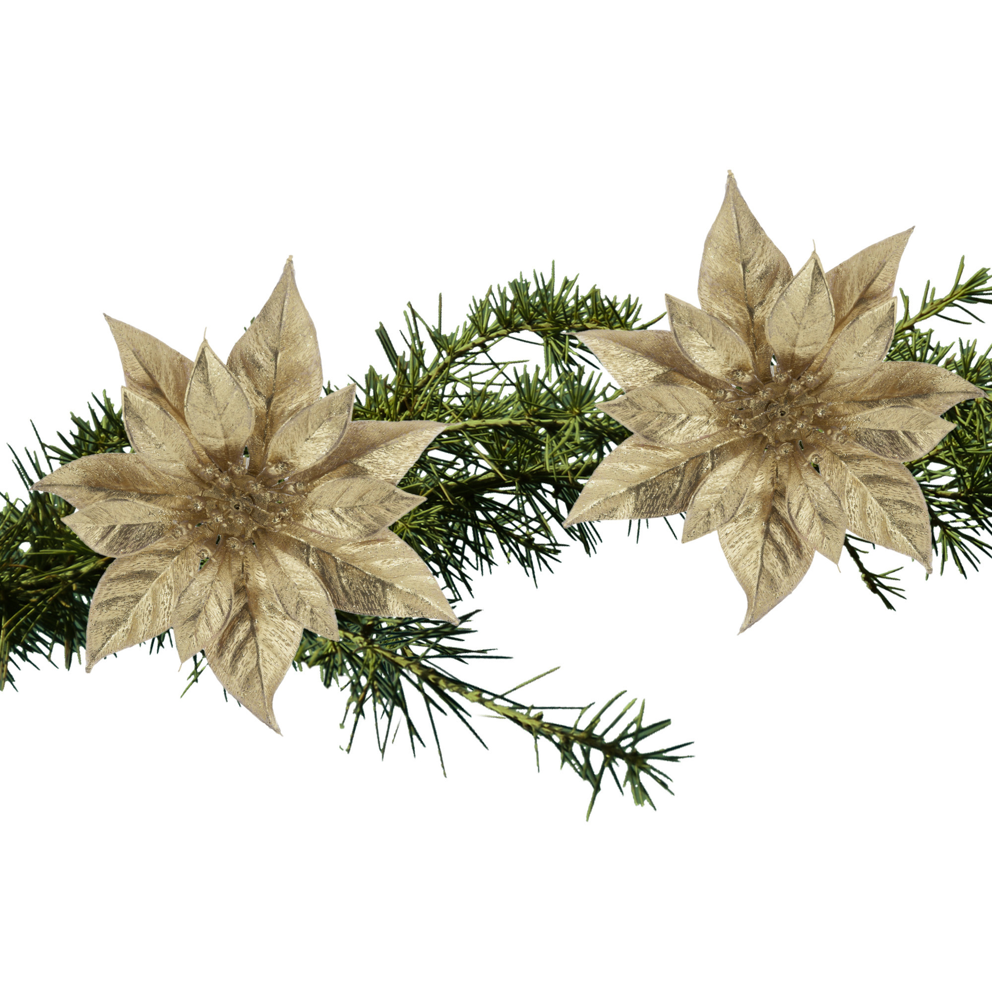 2x stuks kerstboom decoratie bloemen kerstster goud glitter op clip 18 cm -